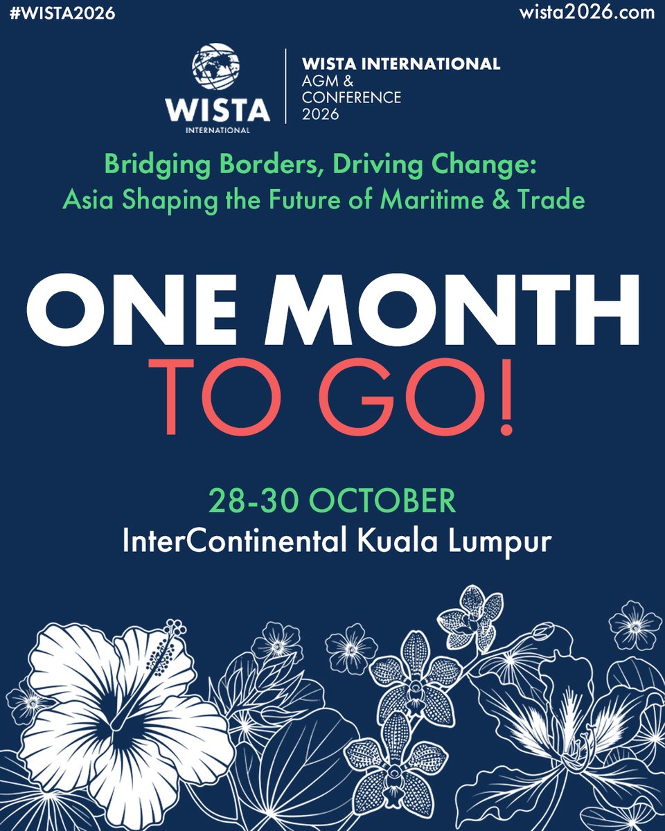 WISTAInt's tweet photo. One month until #WISTA2026!

There's still time to book your place and join us from 28 -30 October in  Kuala Lumpur  where we will be discussing how Asian maritime hubs are advancing conversations around sustainability, technology and inclusive leadership.

#MaritimeLeadership https://t.co/w3pwkDxqAd