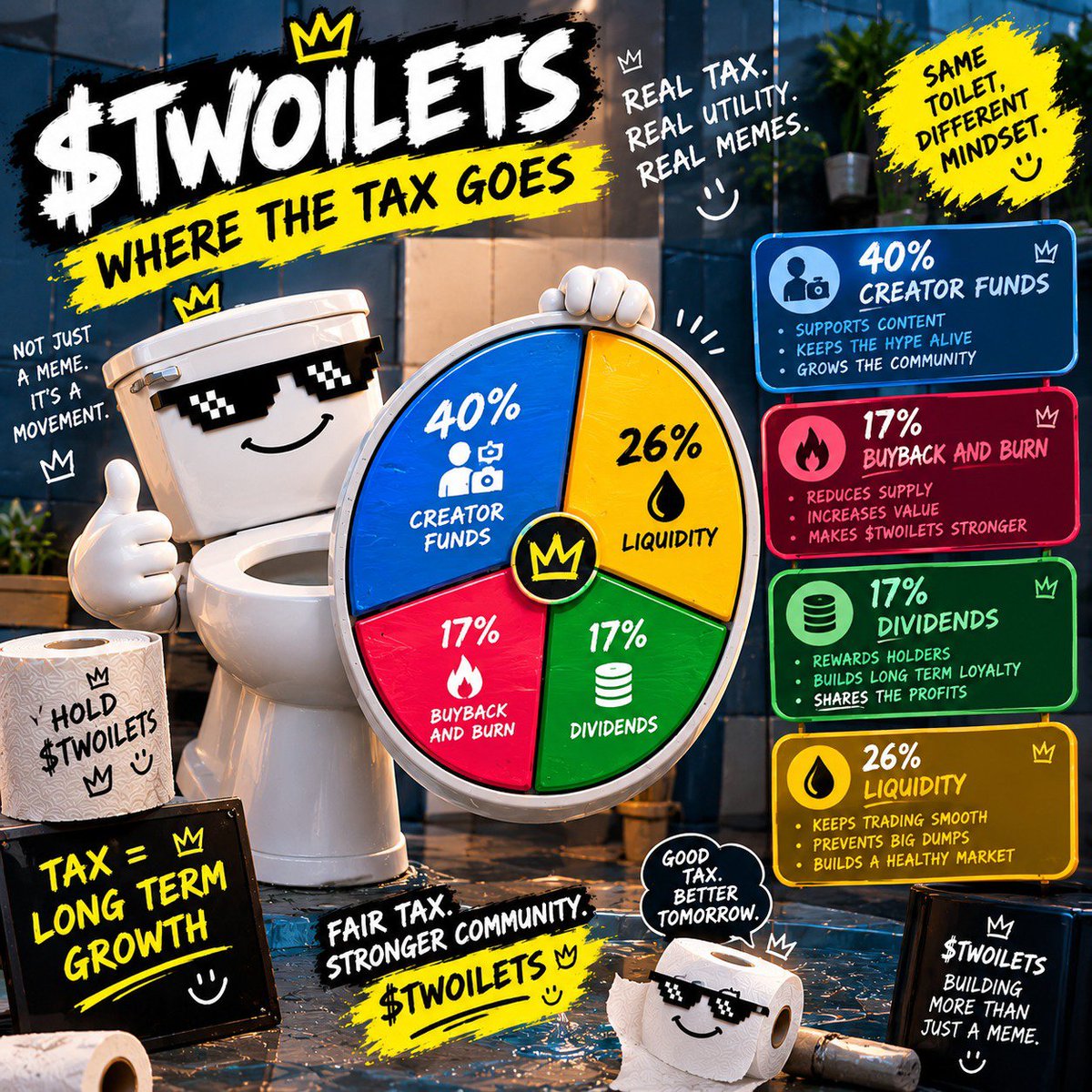 Twoilets_ARC's tweet photo. TRANSPARENCY. NO BS. JUST $TWOILETS.
We believe holders deserve to know where the tax goes.

💰 40% — Creator Funds
🔥 17% — Buyback &amp; Burn
💎 17% — Dividends
💧 26% —Liquidity

Every % has a purpose. Every holder deserves transparency.

$TWOILETS isn’t just another meme. on #arc https://t.co/OlZ2EUwZn3