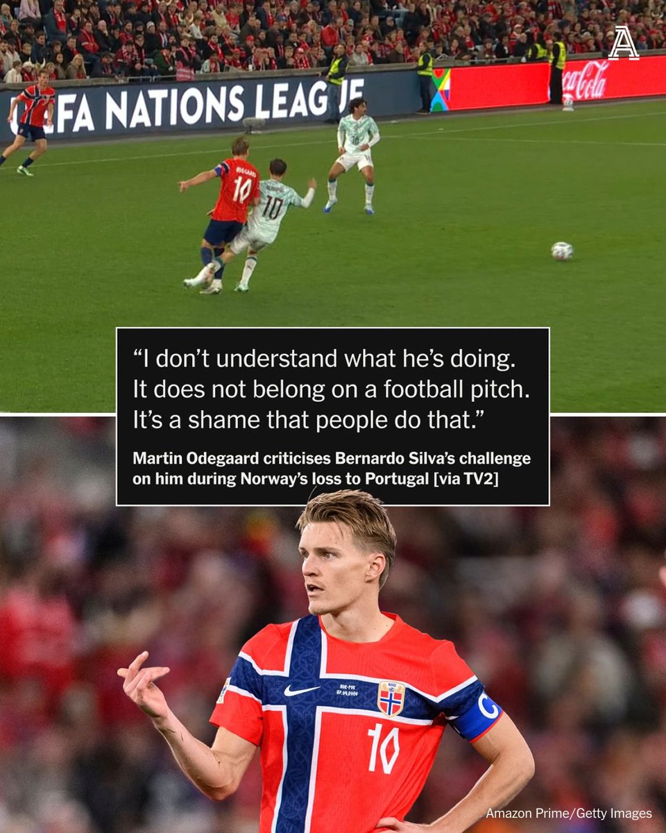 TheAthleticFC's tweet photo. Martin Odegaard has criticised Bernardo Silva for a challenge on him that “does not belong on a football pitch” during Norway’s Nations League match against Portugal.

https://t.co/OqlT86F4IM https://t.co/QwjYxFw9FS