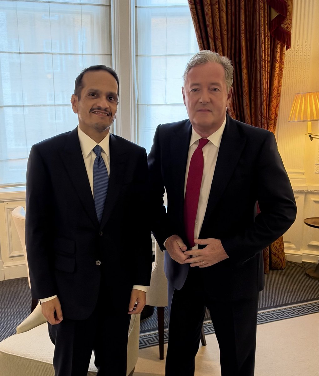 piersmorgan's tweet photo. UPDATE: I conducted a wide-ranging 50-minute interview with the Prime Minister of Qatar in London. It’s a fascinating conversation re Iran, Trump, Netanyahu, Hamas, and the menace of social media in a war (!), with a key leader in the Middle East. Drops on Uncensored tomorrow. https://t.co/I1Lx9FxjK2