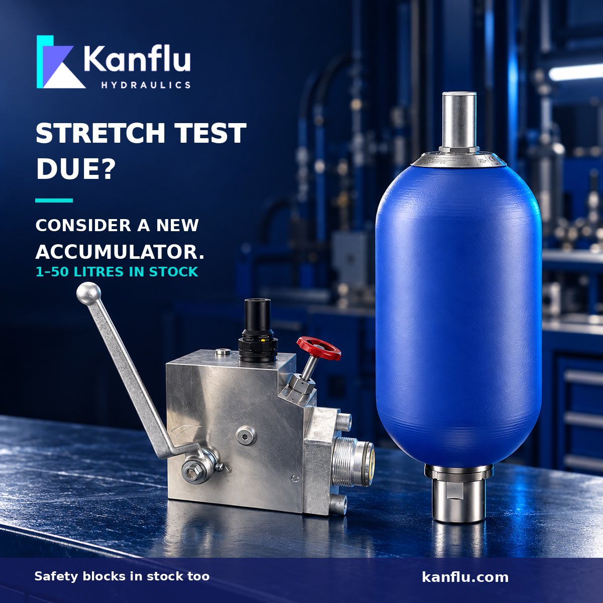 KanfluLimited's tweet photo. Need a new accumulator, or considering stretch testing your existing one?
Before you decide, ask Kanflu for a replacement price. We stock new accumulators 1 to 50 litres, also bladders, seal kits &amp; safety valves.
All on the shelf in Daventry. 

#Accumulators #Hydraulics https://t.co/prwz2XWT60