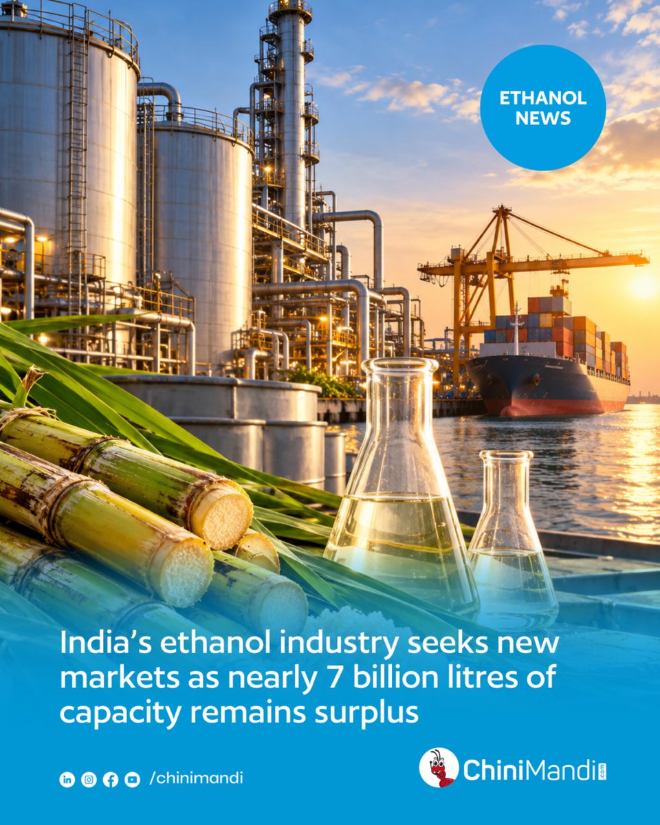 ChiniMandi's tweet photo. India’s ethanol industry is facing a growing supply-demand mismatch as production capacity expands rapidly. 

The country’s installed ethanol capacity has reached around 20 billion litres, with another 4 billion litres expected to be added this year. However, the E20 blending programme requires around 11 billion litres annually, while non-fuel industries such as liquor, pharmaceuticals and chemicals consume another 3–3.5 billion litres.

Read the full article here🔗
https://t.co/OHJ5OxL08r

#ChiniMandi #ChiniMandiUpdates #Ethanol #E20 #Biofuel

@HardeepSPuri @nitin_gadkari