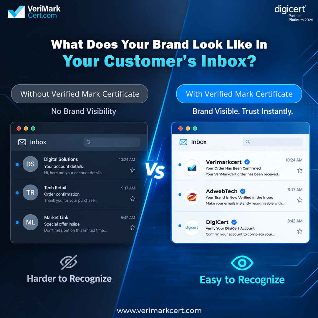 verimarkcert's tweet photo. A familiar sender name isn’t always enough.

#VMCs bring your verified brand identity and blue checkmark to the inbox, helping customers recognize legitimate emails and spot impersonation.

Make your brand recognizable. Build trust in every email.
#BIMI #EmailSecurity #BrandTrust https://t.co/DnMHpoxXmx