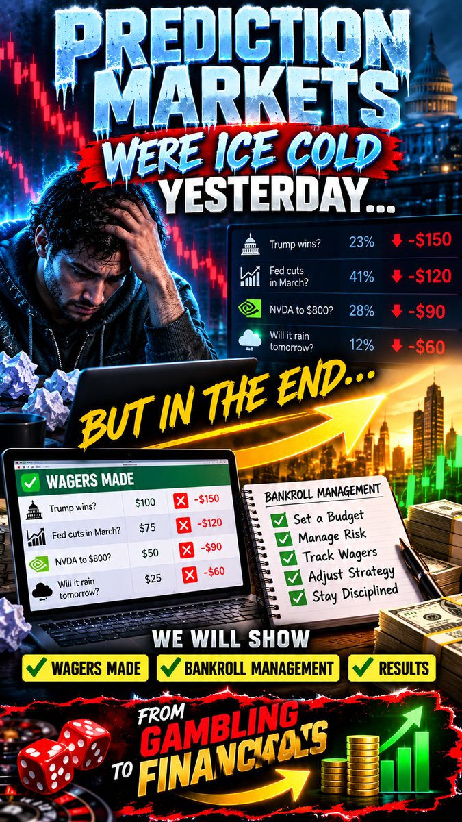 HamptonI57601's tweet photo. Prediction markets were ICE COLD yesterday 🥶📉 — but this is where discipline matters.
We’re showing the wagers made, what went wrong, how bankroll management comes into play, and why the bigger mission is always the same:
🎲 FROM GAMBLING ➡️ 📈 TO FINANCIALS
Track the numbers. Study the results. Manage the risk. Make the next move better.
#HamptonINT #PredictionMarkets #BankrollManagement #GamblingToFinancials