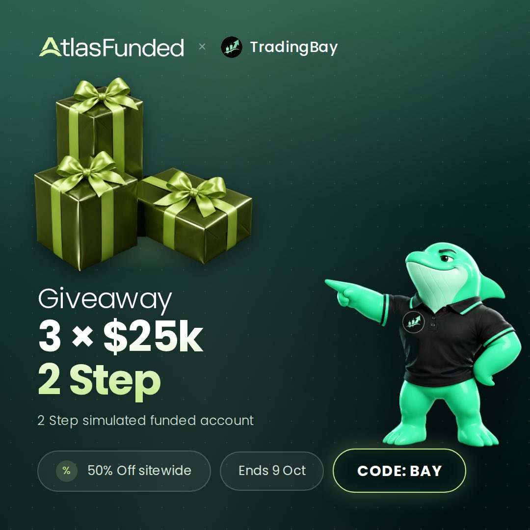 TradingBayio's tweet photo. 3 x $25K 2-Step Accounts Giveaway With @atlasfunded 🎁 

How to enter:
✅ Follow @atlasfunded & @TradingBayio
❤️ Like this post
♻️ Repost
👥 Tag 2 friends in the comments

📅 Giveaway ends 9th October. 

And if you don’t win, you can still save 50% site-wide with code BAY 🔥

Good luck! 🍀