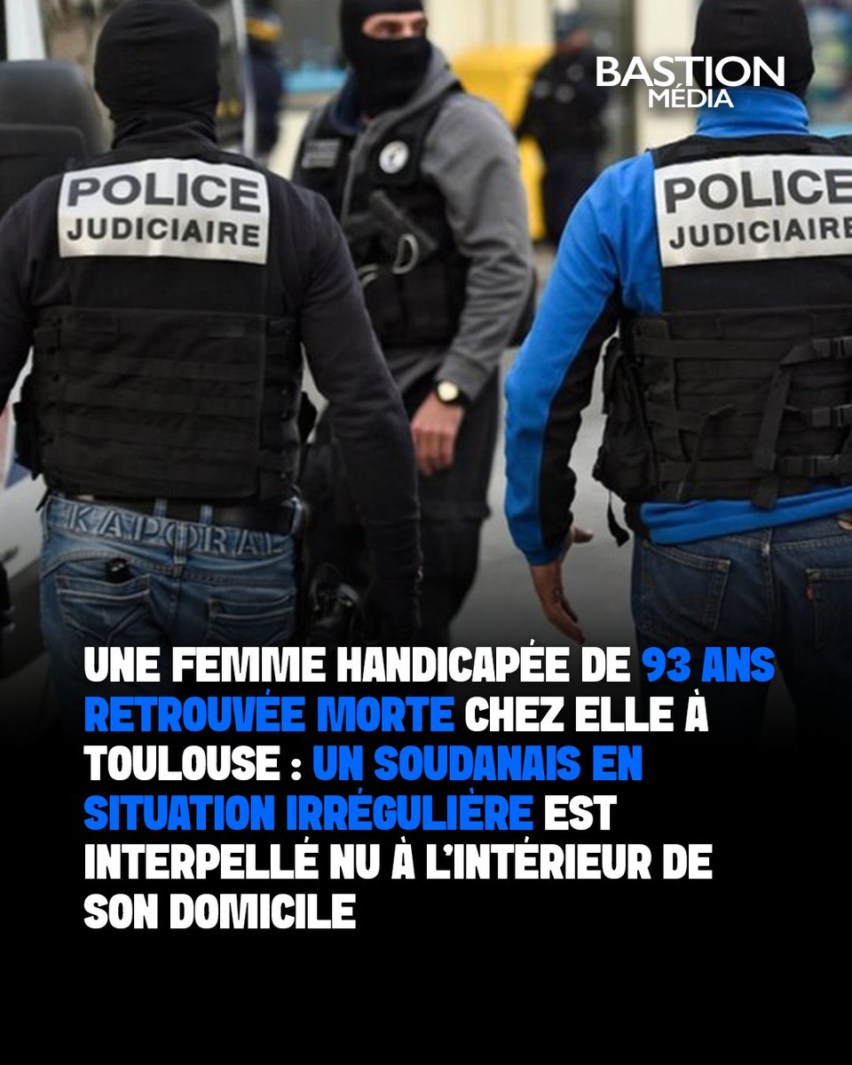 BastionMediaFR's tweet photo. 🔴🇫🇷 𝗙𝗟𝗔𝗦𝗛 𝗜𝗡𝗙𝗢 — Une femme handicapée de 93 ans retrouvée MORTE chez elle à Toulouse : un Soudanais en situation irrégulière est interpellé nu à l’intérieur de son domicile.

L’homme, âgé d’une trentaine d’années et décrit comme étant « en état second », a été difficilement maîtrisé par les policiers, blessant un agent à l’épaule lors de son interpellation.

Des voisins avaient alerté la police après avoir entendu des cris et des insultes. Une enquête pour homicide a été ouverte afin de déterminer les circonstances du décès et l’implication du mis en cause.

(Source : La Dépêche du Midi)