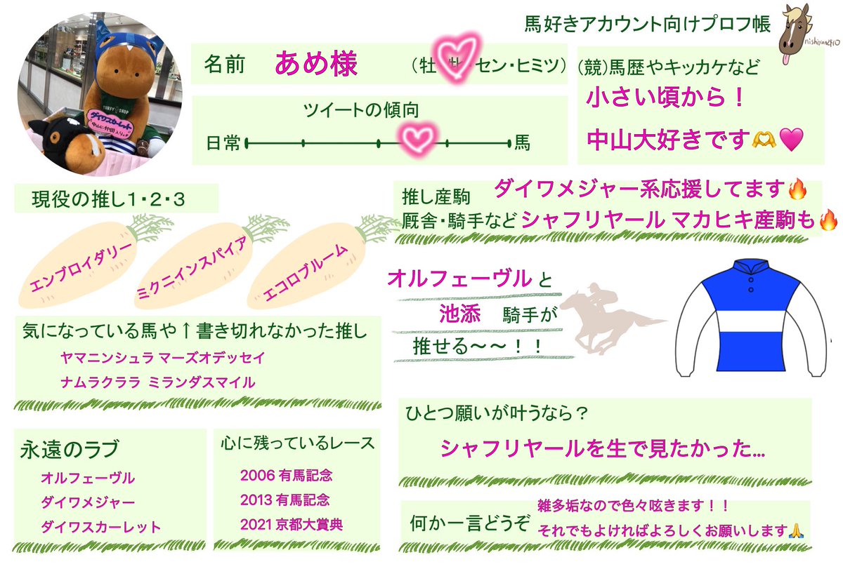 Knsnkkk1512's tweet photo. 推し馬引退＆秋競馬が始まったので更新します！
雑多垢で日常のことも結構呟きますがそれでもよければ仲良くしてください🥺
❤️orRTで無言ですがお迎え失礼します！！
よろしくお願いしますー！！
中山BIGLOVE🫶
 #競馬好きと繋がりたい
 #競馬好きな人と繋がりたい
 #馬好きアカウント向けプロフ帳 https://t.co/YOFTFrorFq