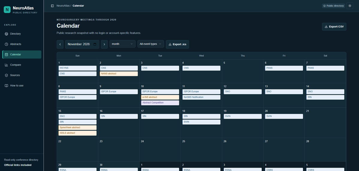 DanaYTarawneh's tweet photo. I built NeuroAtlas!🧠

A public, read-only directory for neurosurgery conferences, abstract deadlines, awards, funding opportunities, publication info, and official links.

Search, compare, export dates, and verify details in one place. No login needed.

🔗https://t.co/ncbapbKVdK https://t.co/doTtMFQ9Mw