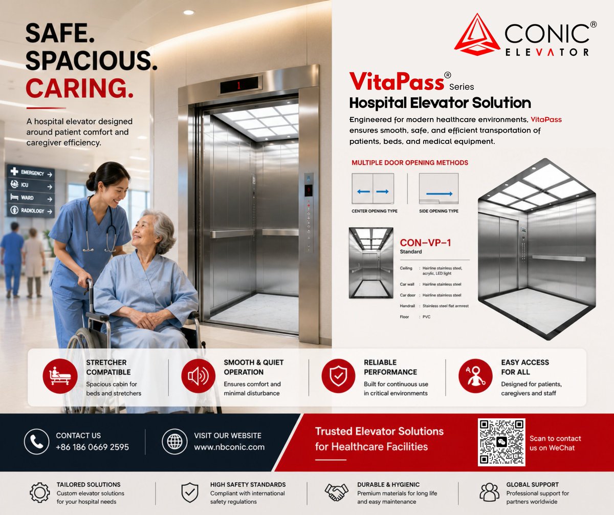 Ningboconic's tweet photo. Safe. Spacious. Caring.

CONIC VitaPass Series - a hospital elevator built for patients, beds, and medical equipment. Smooth and quiet. Reliable in critical environments.

Tailored to your hospital project.
📞 +86 186 0669 2595
📧 sales7@nbconic.com
💬 WeChat: GNL700758 https://t.co/YmdyWyVR17