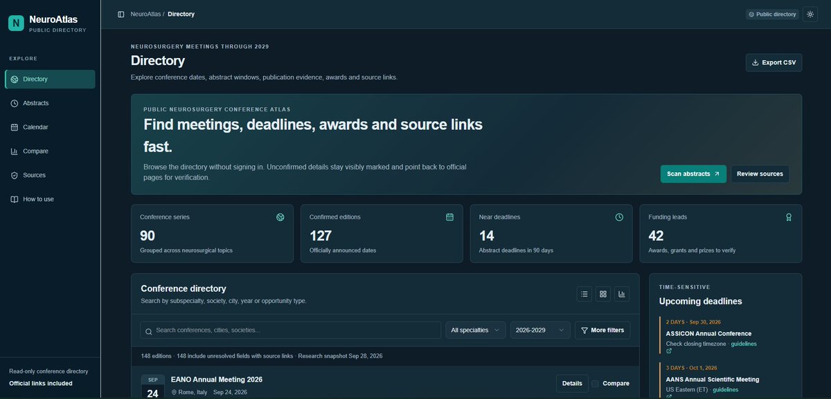DanaYTarawneh's tweet photo. I built NeuroAtlas!🧠

A public, read-only directory for neurosurgery conferences, abstract deadlines, awards, funding opportunities, publication info, and official links.

Search, compare, export dates, and verify details in one place. No login needed.

🔗https://t.co/ncbapbKVdK https://t.co/doTtMFQ9Mw