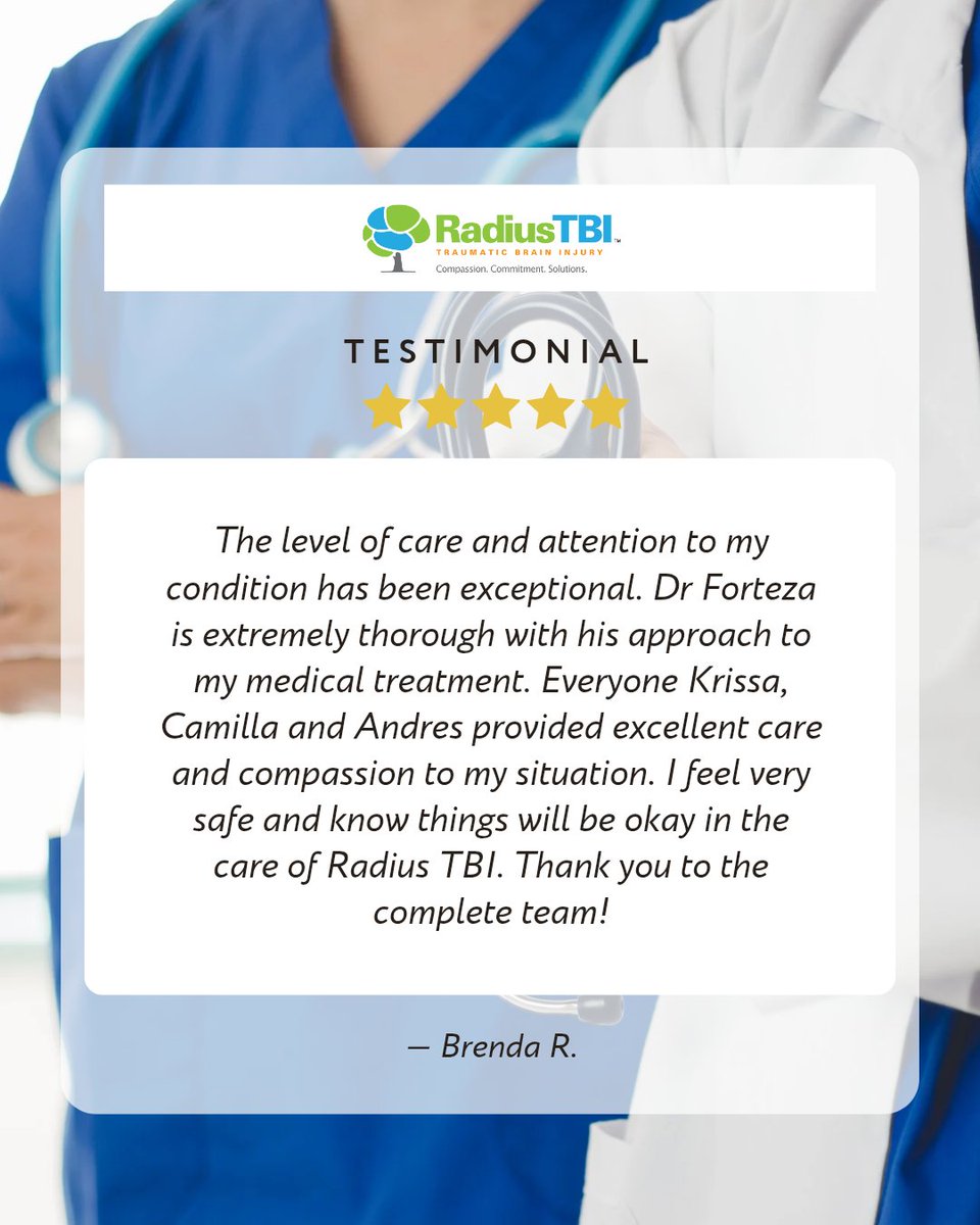 RadiusTBI's tweet photo. We’re deeply grateful to Brenda R. for sharing her experience and trusting our team to be part of her journey, reminding us how much compassionate care can mean to a patient. ❤️
#RadiusTBI #PatientExperience #CompassionateCare #PatientCare #BrainInjuryCare https://t.co/evx8EFqg8F