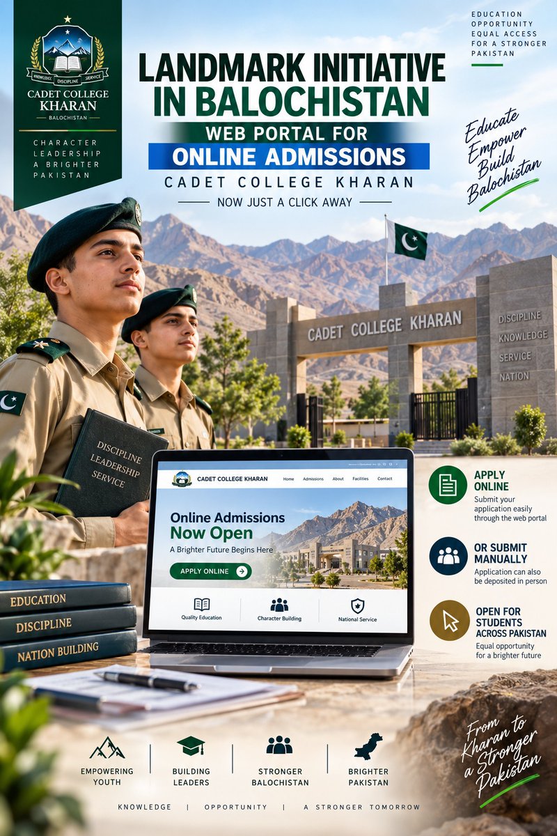 TeamAsimMunir's tweet photo. Landmark Initiative in Balochistan-Web Portal for Online Admissions 
▪️ With launching of it's new official website, Cadet College Kharan has taken a significant digital leap to offer students from across Pakistan the facility to fulfill and submit admission applications online. https://t.co/yqlJxIVMAg