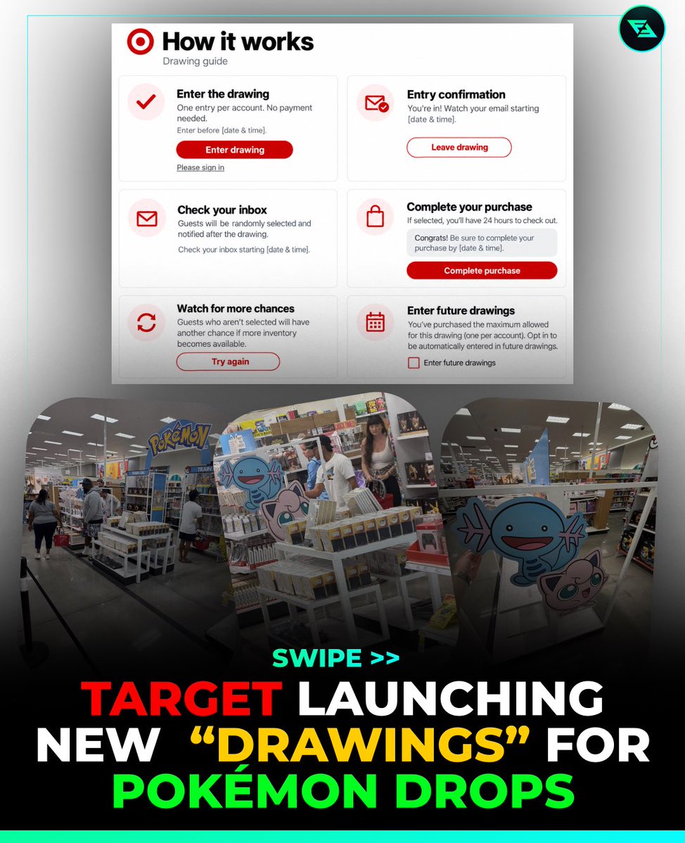 FlipFlip's tweet photo. Target is joining the Draw system for Pokémon 👀🚨The latest backend update is showing an incoming change for a new raffle style system. You’ll be able to enter the drawings for product at MSRP. Similar to how other Retailers have started to release products.

Launch date so far is unconfirmed but we except this to be a major update for drops which is exciting. Let us know your thoughts below 👇