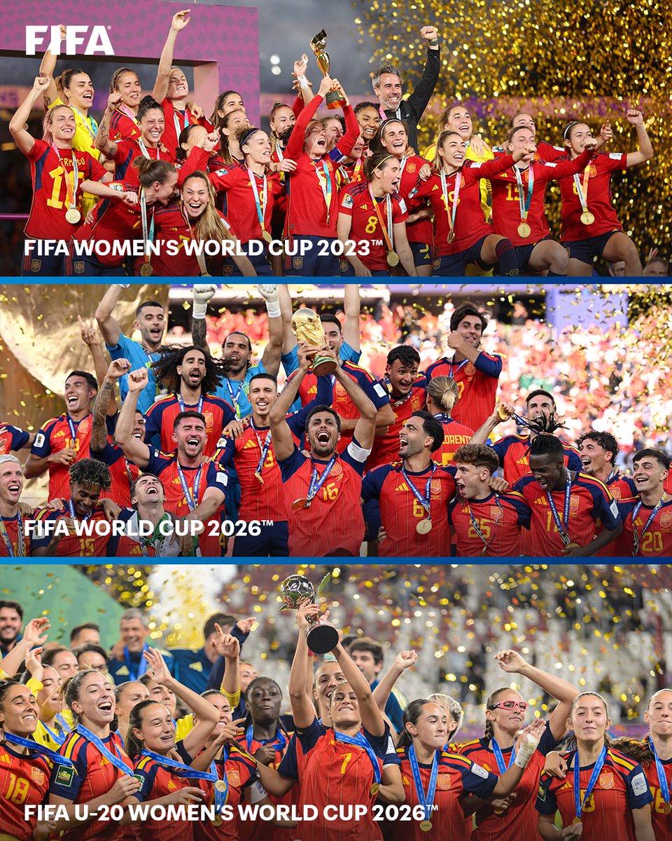 FIFAcom's tweet photo. The current holders of three FIFA tournaments! 🏆🏆🏆

Spain add another trophy to their cabinet 🇪🇸 https://t.co/vsh5lcWHcK