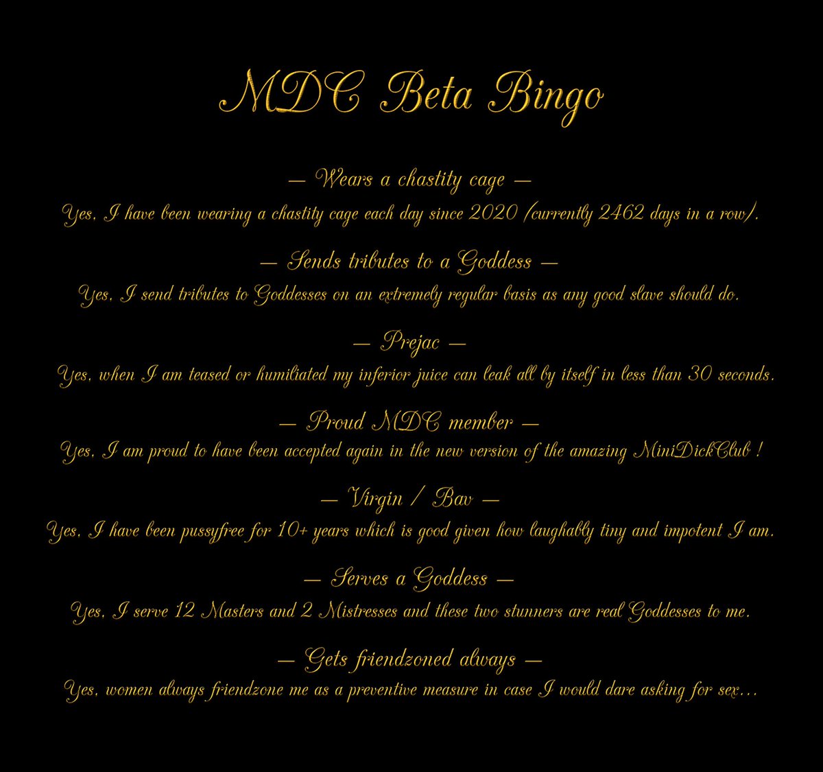 JunaHOLE's tweet photo. @MiniDickClub Greetings Goddess Queen Doctor and Mistress Jessica ! 🧎‍♂️
⭐️ I got a final score of 25/25 on your great MDC Beta Bingo !
✏️ I don't really know what else to say so I dared to post explanations about my score below... Thank you so much for this task, my Queens ! https://t.co/XWhqkrIJRo