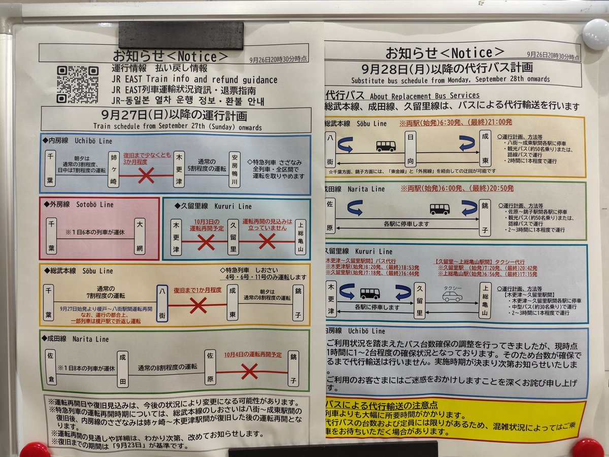 uchibou_LOTTE_0's tweet photo. 五井駅情報です。
既報の通り長浦〜木更津駅の間は長浦駅に折り返し設備を仮設しての運転再開を検討しているそうです。(1枚目)
また姉ケ崎〜木更津駅の間の各駅までの定期券や回数券をお持ちの方は払い戻しなどできます。(2枚目)
内房線以外の路線での代行輸送については3枚目をご参照ください。 https://t.co/kQklYh4ucR