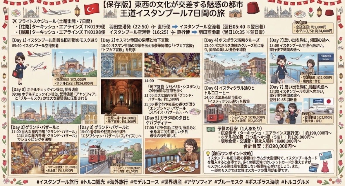 gk33984's tweet photo. 🕌 モスクと歴史が交差する王道イスタンブール7日間の旅 🇹🇷

アジアとヨーロッパの境界に位置し、かつて世界帝国の首都として栄えたトルコ・イスタンブール。異国情緒あふれる見どころを巡る、王道の7日間モデルコースをご紹介します！

---

✈️ フライトスケジュール（土曜出発・7日間）
* 【往路】ターキッシュ・エアラインズ TK0199便
  羽田空港発（22:50）✈️ 直行便 ➡️ イスタンブール空港着（翌日05:40 ※翌日着）
* 【復路】ターキッシュ・エアラインズ TK0198便
  イスタンブール空港発（16:25）✈️ 直行便 ➡️ 羽田空港着（翌日10:35 ※翌日着）

---

🗺️ 王道モデルコース概要
* 【1日目】夜の羽田を出発し、翌朝イスタンブールに到着。ホテルチェックイン後は、世界遺産「アヤソフィア」と「ブルーモスク（スルタンアフメト・モスク）」の壮大な建築美に圧倒される。
* 【2日目】オスマン帝国の栄華を伝える豪華絢爛な「トプカプ宮殿」を見学し、地下宮殿（バシリカ・シスタン）の神秘的な空間を歩く。
* 【3日目】巨大な屋内市場「グランド・バザール」と、香辛料や紅茶の香りが漂う「エジプシャン・バザール」でショッピングを満喫。
* 【4日目】ボスポラス海峡のクルーズ船に乗り、ヨーロッパ側とアジア側の両岸に広がる美しい宮殿や要塞の景色を堪能。
* 【5日目】ガラタ塔に登り、イスタンブールの街並みと金角湾に沈む美しい夕日を眺める。夜は本場のケバブやトルコ料理を味わう。
* 【6日目】活気ある新市街のイスティクラル通りを散策し、伝統的なトルココーヒーとスイーツを味わいながら最後の夜を楽しむ。
* 【7日目】イスタンブール空港へ向かい、直行便で帰国の途へ（翌日羽田着）。

---

💶 予算の目安（1人あたり）
* 航空券代（ターキッシュ・エアラインズ直行便エコノミークラス）：約190,000円〜
* ホテル宿泊費（3つ星〜4つ星・5泊）：約120,000円〜
* 現地食費・交通費・観光入場料：約80,000円〜
* 合計目安：約390,000円〜

#イスタンブール旅行 #トルコ観光 #海外旅行 #モデルコース #世界遺産