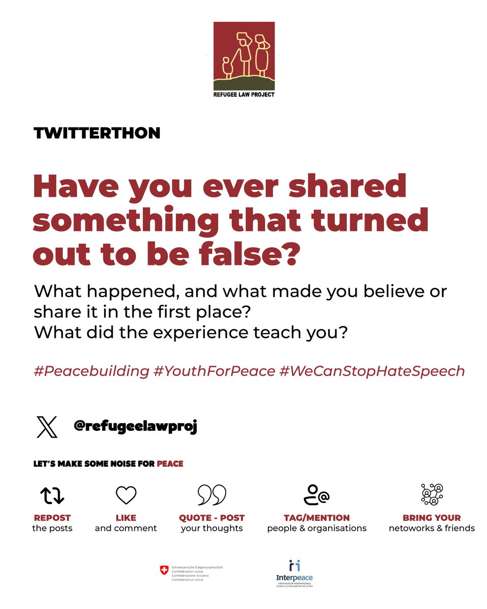 refugeelawproj's tweet photo. Have you ever shared information on social media that turned out to be false?
What happened, and what made you believe or share it in the first place? What did the experience teach you?

Building up the discussion to the upcoming - National Peace Leadership Conference: ‘Youth against Misinformation, Disinformation and Hate Speech.’ 30th September 2026, Kampala.

#Peacebuilding #YouthForPeace #Misinformation #Disinformation #WeCanStopHateSpeech #socialcohesion #GreatLakesRegion

@Interpeace_Org 
@SwissMFA