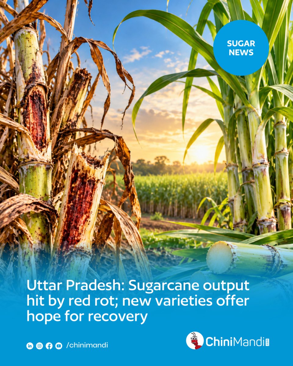 ChiniMandi's tweet photo. Uttar Pradesh’s sugar industry is facing growing pressure as red rot disease continues to affect the once-dominant Co-0238 sugarcane variety. 

According to the Indian Express, sugar production in the state declined from 126.37 lakh tonnes in 2019–20 to 89.52 lakh tonnes in 2025–26. Cane crushing also fell from 1,118.02 lakh tonnes to 878.12 lakh tonnes, while sugar recovery declined from 11.73% to 10.83%.

Read the full article here🔗
https://t.co/urYkMT7tr5

#ChiniMandi #ChiniMandiUpdates #SugarcaneDisease #SugarcaneFarming #SugarIndustry