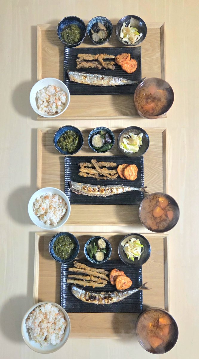 MeeHitsujiMan's tweet photo. こんばんは✨️

気圧のせいか、月曜からダルく
なりましたが今夜も夕食当番です

糠秋刀魚、揚げ牛蒡、味噌茄子
紅生姜あげ etc.

ご馳走さま。

今日も１日お疲れ様でした☺️

＃今日の夕食当番 https://t.co/bTpmxr1iX8