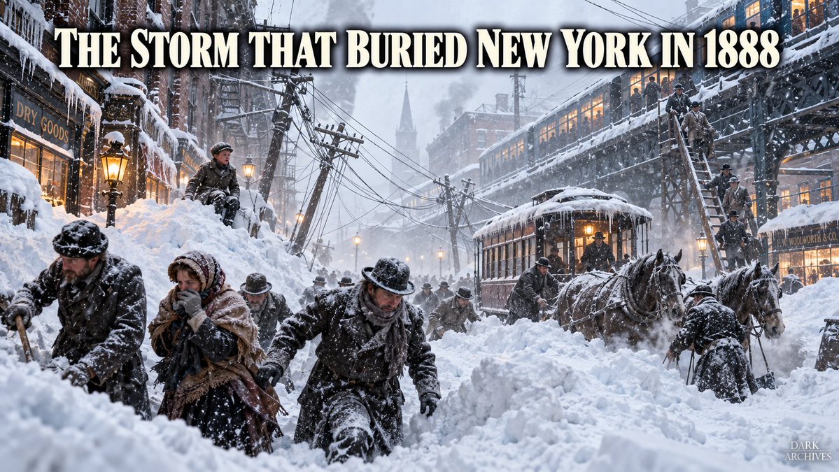 Dark_Archives0's tweet photo. In March 1888, a storm came in that New Yorkers never saw coming. It started as rain, turned to sleet, and then buried the whole Northeast in snow for three days. Around New York, drifts piled up higher than the first-floor windows, and in some parts of the region they hit 40 or 50 feet. ❄️

Telegraph poles snapped and left wires tangled across the streets. Fire crews couldn't get through the snow. About 15,000 people ended up stranded on elevated trains, and some locals tied ladders together and charged people to climb down. Roughly 200 people died in New York City, and more than 400 in the region overall.

It was such a shock that the city started getting serious about burying its wires and moving transit underground. Boston opened the first subway in the US in 1897, and New York followed in 1904.

#Blizzard1888 #WhiteHurricane #NewYorkHistory