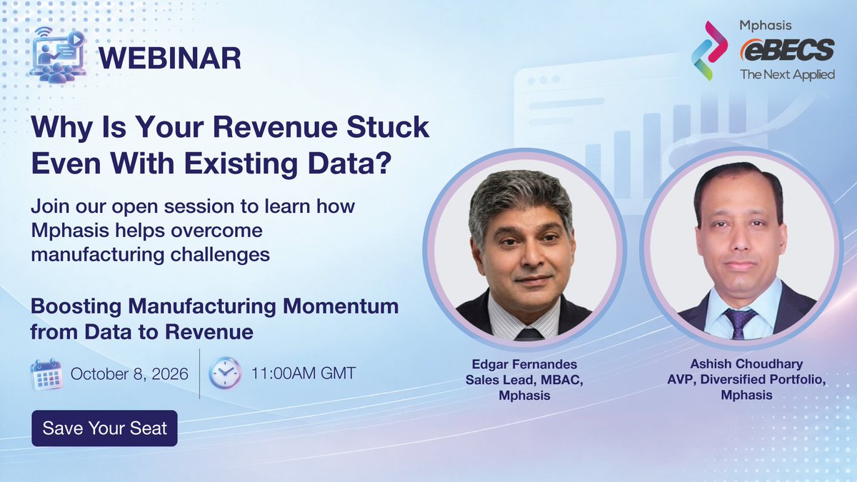 Mphasis's tweet photo. More dashboards don't automatically create more revenue. The real advantage comes from identifying opportunities faster and acting on them sooner.

Join us as we explore what's holding sales performance back and where manufacturers can unlock growth at a session on “Boosting Manufacturing Momentum from Data to Revenue” on October 8, 2026 at 11:00AM GMT.

Save your seat today: https://t.co/S9bHXvo87j

#Webinar #Manufacturing #Data #StayAhead #EngineeringIsInOurDNA #IntelligentEngineering #AIWithoutIntelligenceIsArtificial
