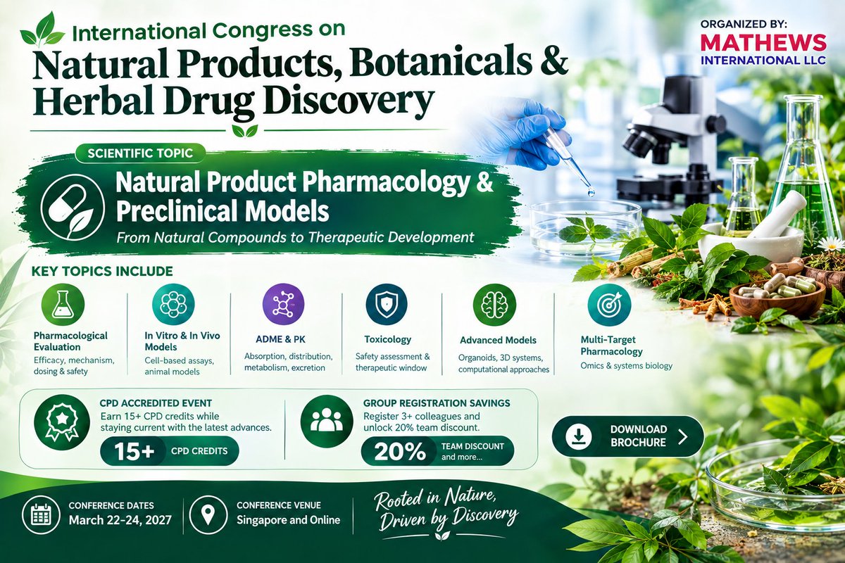 NP_Discovery's tweet photo. 🌱 From natural compound discovery to therapeutic development.
NP Discovery 2027 explores pharmacology, preclinical models, toxicology, biomarkers, ADME &amp; translational research.
📅 Mar 22–24, 2027 | Singapore &amp; Online
https://t.co/NdXw2zJNmX https://t.co/8TCApeBsD3