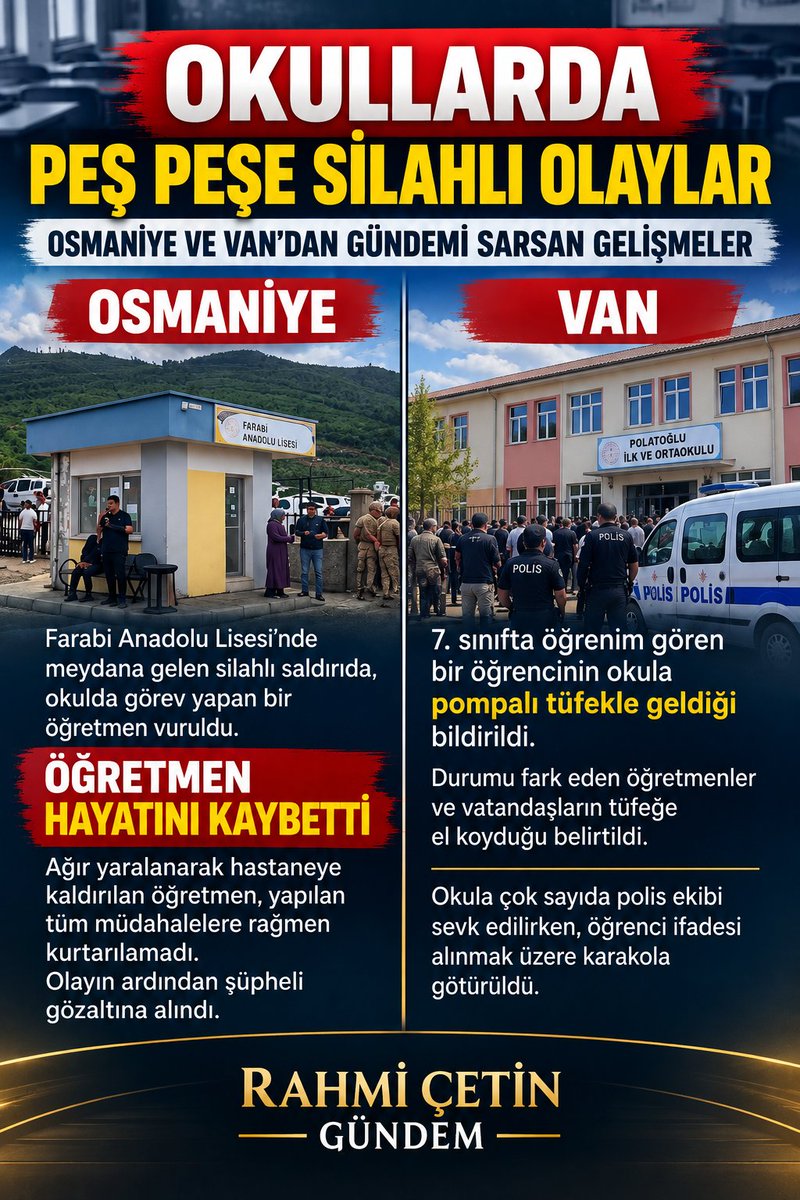 yarisvizyonu's tweet photo. 🚨 #SONDAKİKA | 𝗢𝗞𝗨𝗟𝗟𝗔𝗥𝗗𝗔 𝗣𝗘𝗦 𝗣𝗘𝗦𝗘 𝗦𝗜𝗟𝗔𝗛𝗟𝗜 𝗢𝗟𝗔𝗬𝗟𝗔𝗥
Türkiye'de bugün okullarla ilgili iki ayrı silah olayı gündeme geldi.

📍 𝗢𝗦𝗠𝗔��𝗜𝗬𝗘
Osmaniye'nin Çardak köyündeki Farabi Anadolu Lisesi'nin bahçesinde silahlı saldırıya uğrayan Türk Dili ve Edebiyatı öğretmeni Mehmet Bilgili, kaldırıldığı hastanede hayatını kaybetti. Olayın ardından şüpheli yakalanarak gözaltına alındı. 

📍 𝗩𝗔𝗡
Van'da 7. sınıfta öğrenim gören bir öğrencinin okula pompalı tüfekle geldiği, durumu fark eden vatandaşların tüfeğe el koyduğu bildirildi. Okula çok sayıda polis ekibi sevk edilirken öğrencinin ifade işlemleri için karakola götürüldüğü aktarıldı.

İki farklı şehirden gelen bu gelişmeler, okullardaki güvenlik konusunu yeniden gündeme taşıdı.

#sondakika #osmaniye #van #gündem #haber #türkiye