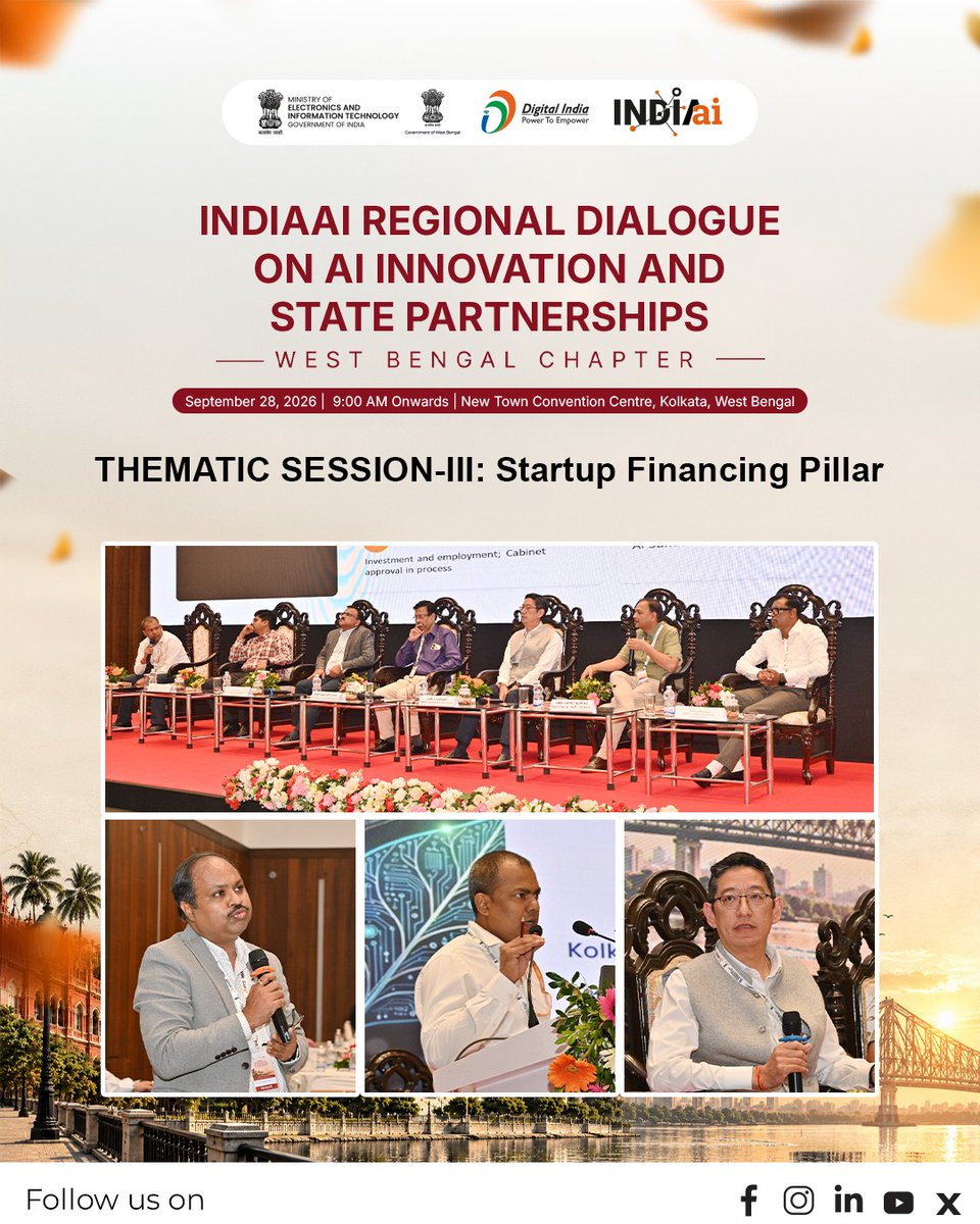 OfficialINDIAai's tweet photo. Fueling the next wave of AI entrepreneurship!

Thematic Session-III: Startup Financing Pillar at the IndiaAI Regional Dialogue in Kolkata brought together key industry leaders, policymakers, and ecosystem enablers to discuss funding pathways, startup ecosystems, AI Centers of Excellence (COEs), and state-specific opportunities to accelerate innovation.

#IndiaAI #AIStartups #StartupFinancing #AIInnovation #DigitalIndia 

@AshwiniVaishnaw @JitinPrasada @SecretaryMEITY @sudeep_tweets @_DigitalIndia @GoI_MeitY @mygovindia @news_webel