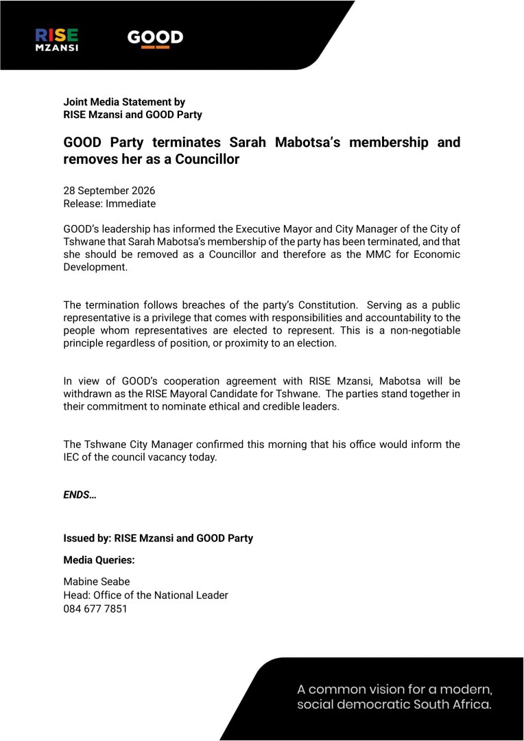 ForGoodZA's tweet photo. GOOD’s leadership has informed the Executive Mayor and City Manager of the City of Tshwane that Sarah Mabotsa’s membership of the party has been terminated, and that she should be removed as a Councillor and therefore as the MMC for Economic Development. https://t.co/RqMasHrK15