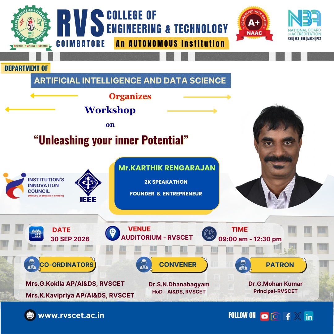 rvscet_cbe's tweet photo. 🚀 Workshop on "Unleashing your inner Potential" at RVSCET!

The AI &amp; DS Department, IIC &amp; IEEE Student Chapter at RVSCET present an inspiring workshop with Mr. Karthik Rengarajan (2K Speakathon Speaker, Founder &amp; Entrepreneur)!

#RVSCET #AIandDS #UnleashYourPotential #Workshop https://t.co/EIiwaUWE3E