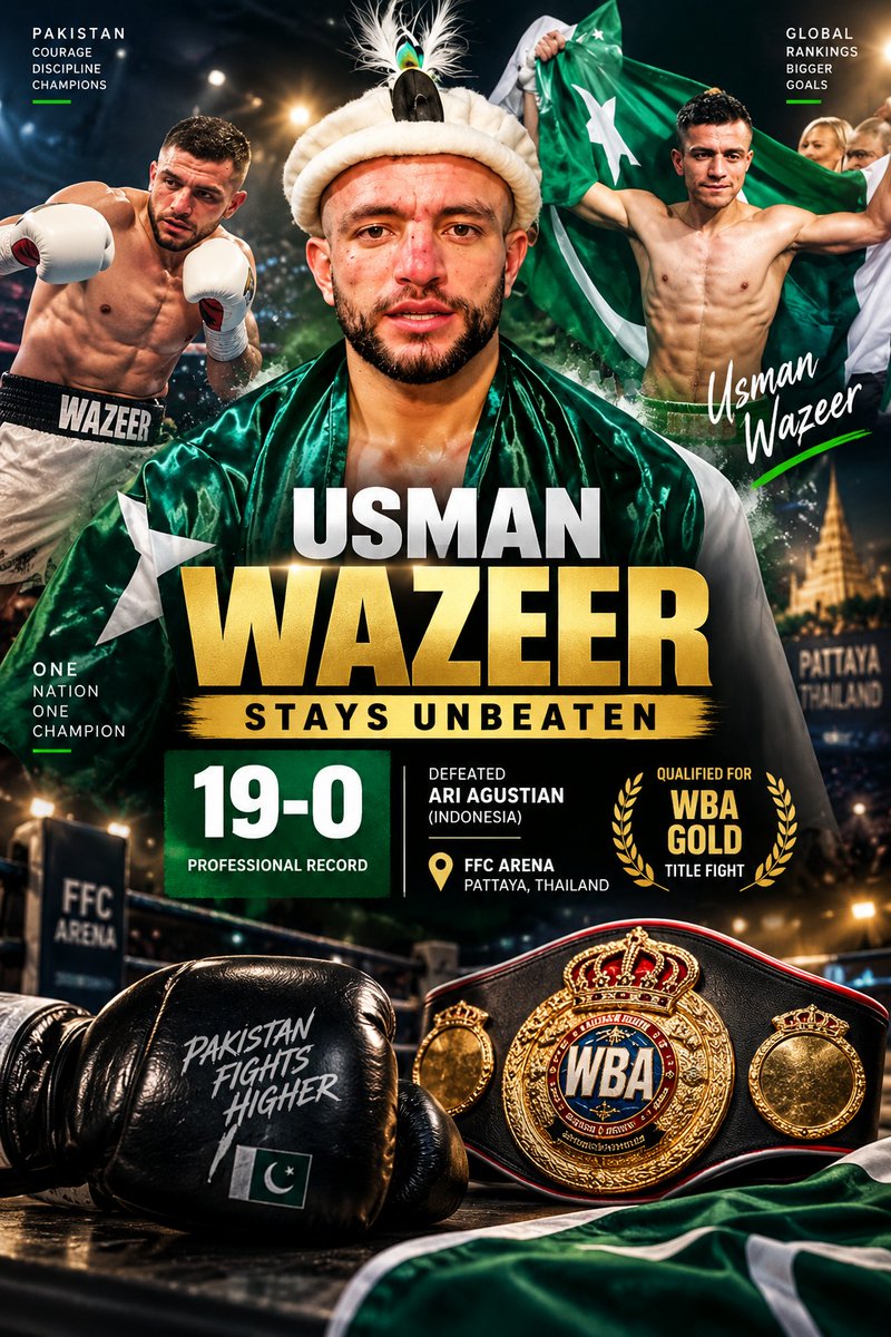 Omai_Hani's tweet photo. Pakistani boxer Usman Wazeer has won his 19th international world ranking fight, defeating Indonesia’s Ari Agustian in Pattaya, Thailand.   The victory keeps Wazeer’s professional record unbeaten at 19-0 and marks another milestone in his boxing career. https://t.co/flGNpTuJih