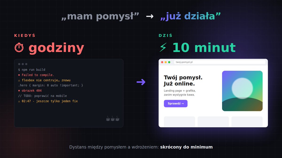PolskiGrok's tweet photo. Kurde, co to za czasy…

Kiedyś walczyło się na „froncie” godzinami.

A dziś? 10 minut i mam landing page + wygenerowany obrazek.

Ona skróciła dystans między „mam pomysł” a „już działa”.

W moim przypadku - przydaje się. 😅 https://t.co/x6gM1Zbuf1