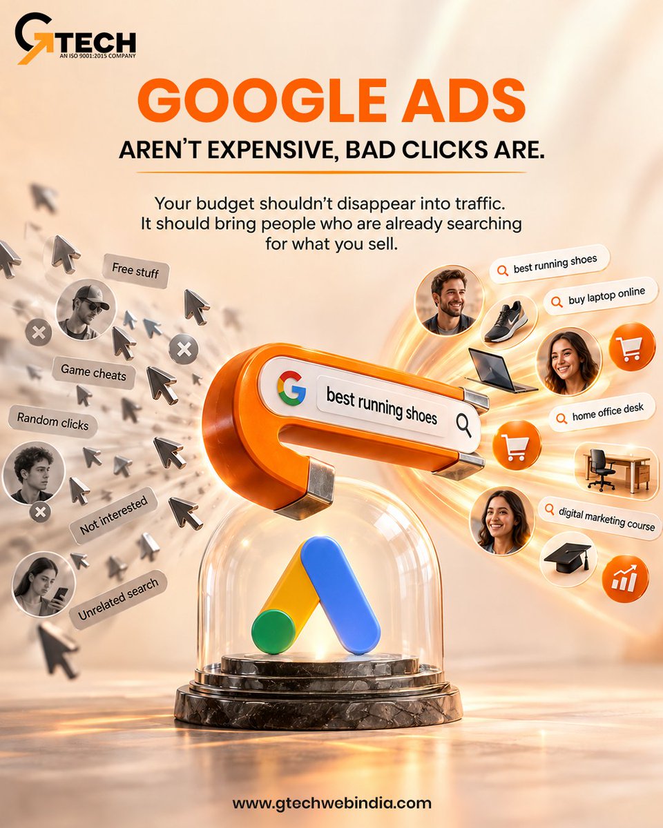 GtechWebIndia's tweet photo. Google Ads aren’t expensive. Bad clicks are. 💡

Reach the right audience with targeted campaigns built around search intent and conversions.

🚀 Make every click count with Gtechwebindia.
🌐 https://t.co/BhcgQSjuLu

#gtechwebindia #googleads #ppcmarketing #digitalmarketing https://t.co/7yw4wuDYu1