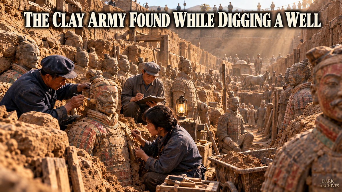 Dark_Archives0's tweet photo. March 1974. Farmers near Xi'an, in central China, are digging a well because a drought is hurting their crops. A few days in, their shovels hit something that isn't just dirt: pottery pieces, bronze arrowheads, and then part of a clay head. 🪖

That well ended up leading to the tomb complex of Qin Shi Huang, the first emperor of a unified China, who died in 210 BC. Historians estimate around 700,000 workers were involved in building it. So far, thousands of life-size clay soldiers have been found, each one with its own face and its own hairstyle, and it's estimated there are about 8,000 in total.

Originally they were painted in bright colors, but the paint started flaking and fading soon after being exposed to air. And the emperor's actual burial chamber hasn't been opened to this day.

#TerracottaArmy #QinShiHuang #AncientChina