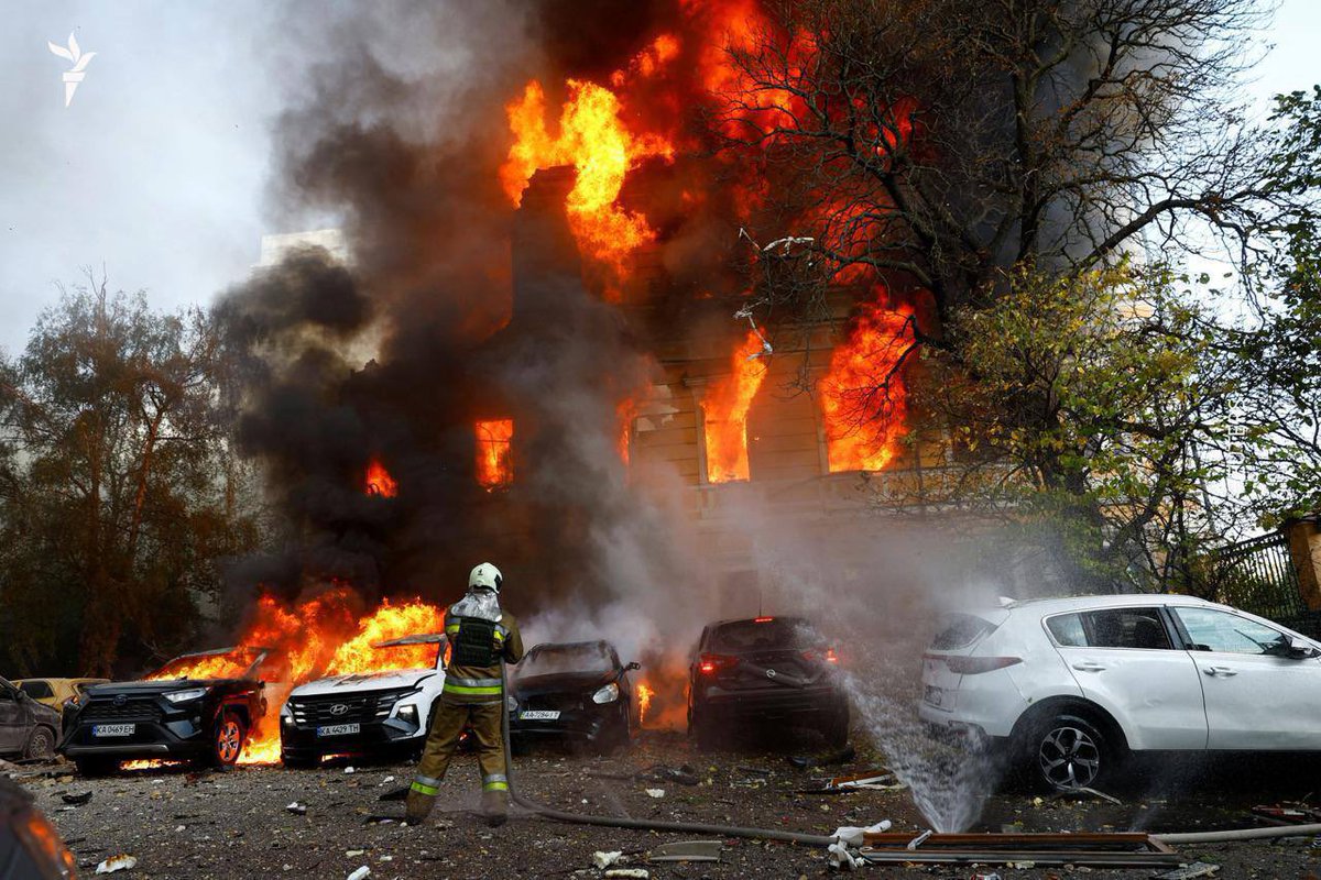IAPonomarenko's tweet photo. Nothing says “fighting NATO expansion” quite like bombing a historic building of Ukraine’s National Academy of Sciences in central Kyiv, forcing ordinary scientists to jump from windows to escape death in the fire. 

This has been done by fascist barbarians stripped of the last remnants of reason and conscience by impunity and endless appeasement, obsessed with senseless violence, destruction, and atrocities.