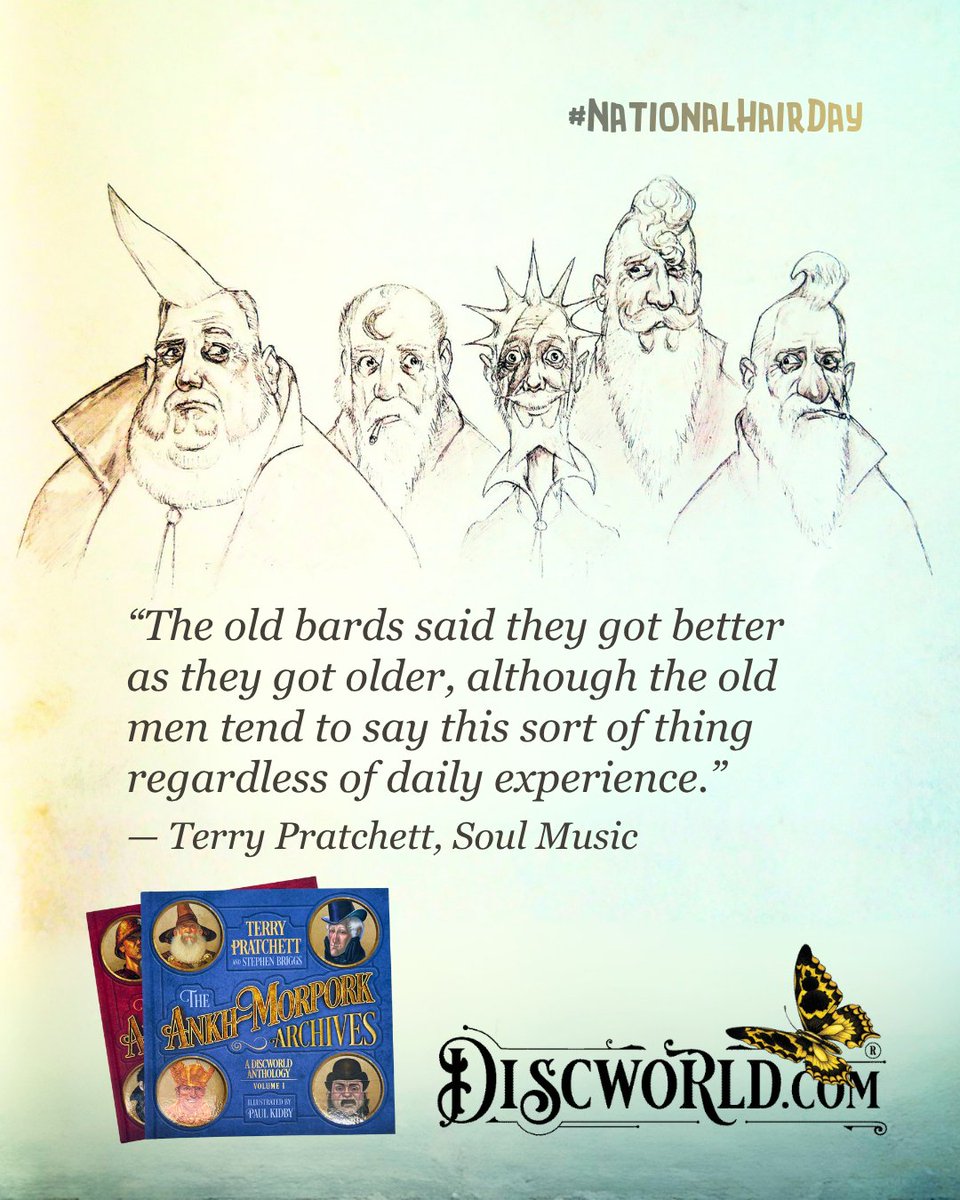 Discworld_com's tweet photo. Something amusing for #nationalhairday...

“The old bards said they got better as they got older, although the old men tend to say this sort of thing regardless of daily experience.”
— Terry Pratchett, Soul Music

📚 https://t.co/MC57XLFfGA
📚 https://t.co/xgVFyZFUM5

#Discworld #DiscworldMerchandise #TerryPratchett #SirTerryPratchett #TerryPratchettQuote #FavouriteAuthor