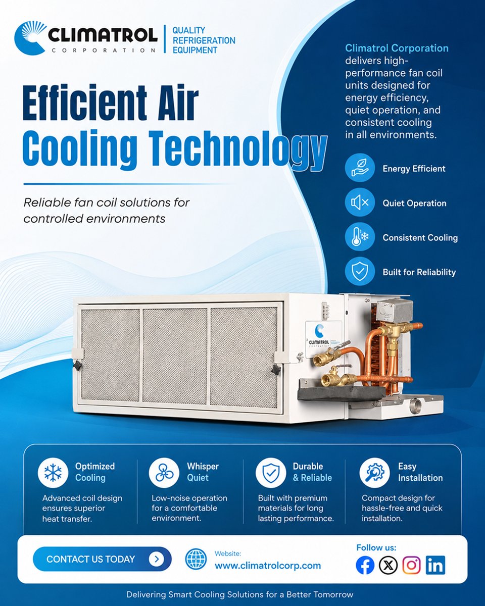Climatrol_in's tweet photo. Climatrol Corporation delivers high-performance fan coil units designed for energy efficiency, quiet operation, consistent cooling, and long-lasting reliability.
📞 Contact us today
🌐 https://t.co/Q1IfMd8tOV

#ClimatrolCorporation #FanCoilUnit #AirCooling #HVAC #HVACSolutions https://t.co/v73jVCjMTm
