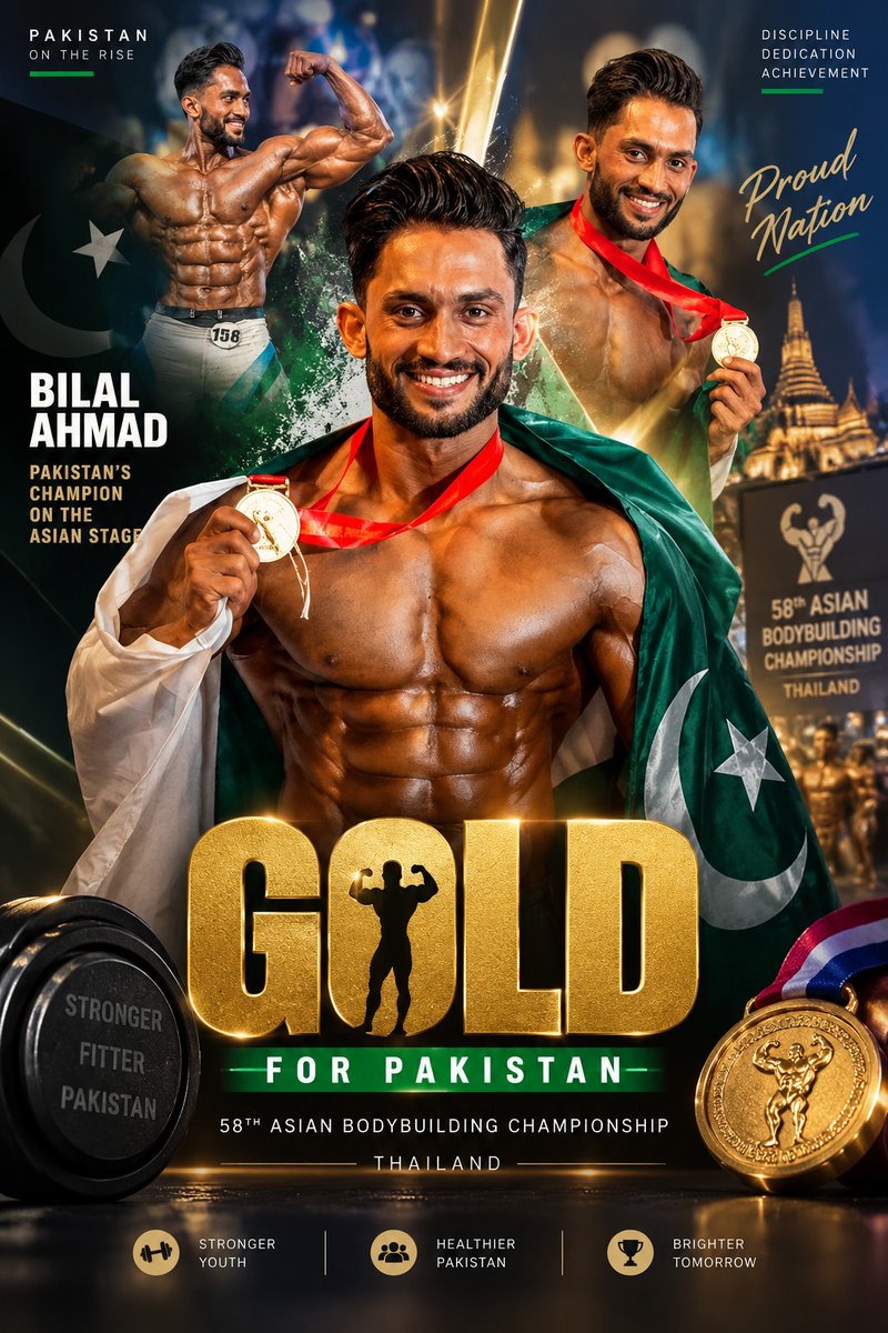 kamcia123's tweet photo. Pakistan's Bilal Ahmad has won a gold medal at the 58th Asian Bodybuilding Championship in Thailand, bringing another international achievement to the country's sports community. https://t.co/PglwaCGUIA