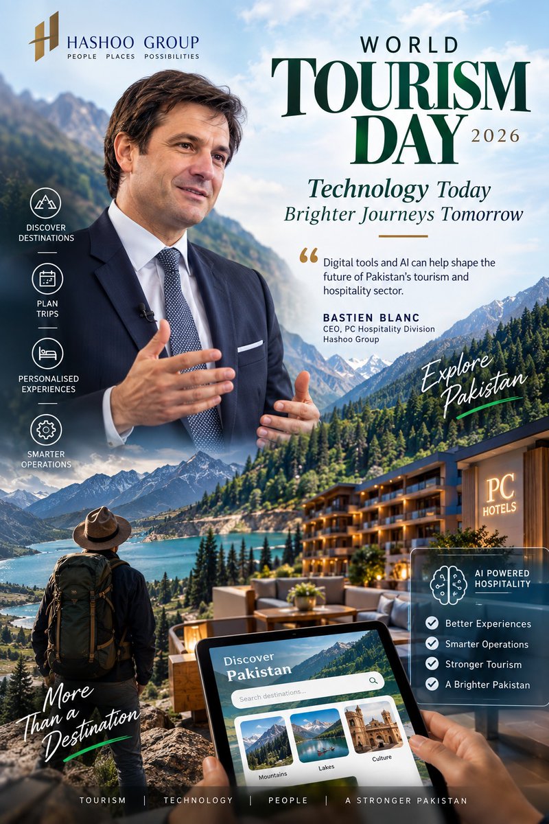 kamcia123's tweet photo. Bastien Blanc, CEO, PC Hospitality Division, Hashoo Group, has shared a message on World Tourism Day 2026, highlighting how digital tools and artificial intelligence can help shape the future of Pakistan’s tourism and hospitality sector. https://t.co/pRHQ2ErXgz