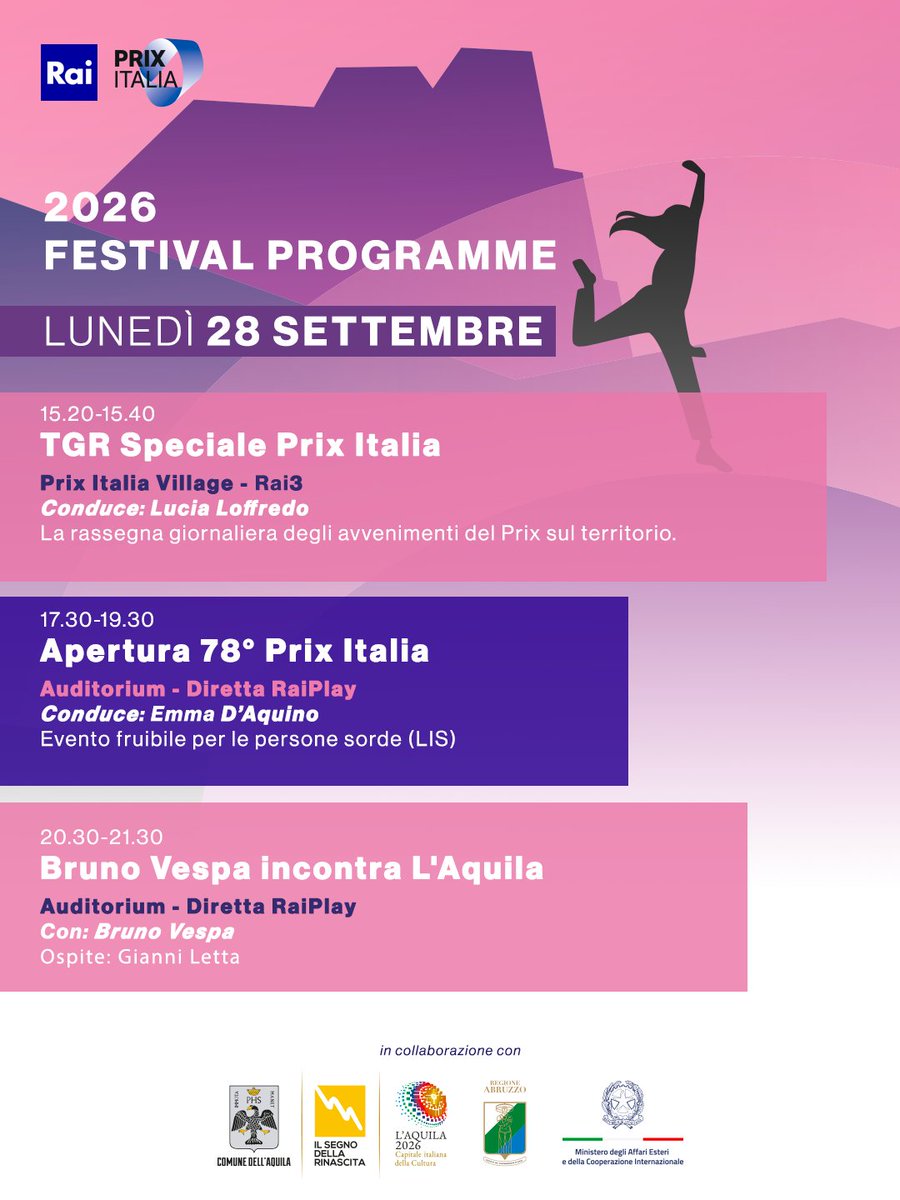 PrixItaliaRai's tweet photo. 📣 Primo giorno del 𝗣𝗿𝗶𝘅 𝗜𝘁𝗮𝗹𝗶𝗮 𝟮𝟬𝟮𝟲!
Apertura 78º Prix Italia alle 17.30 all’𝗔𝘂𝗱𝗶𝘁𝗼𝗿𝗶𝘂𝗺 e in diretta su #RaiPlay 💻
#PrixItalia | #PlayHuman | #Opening https://t.co/LYE6lReh9i