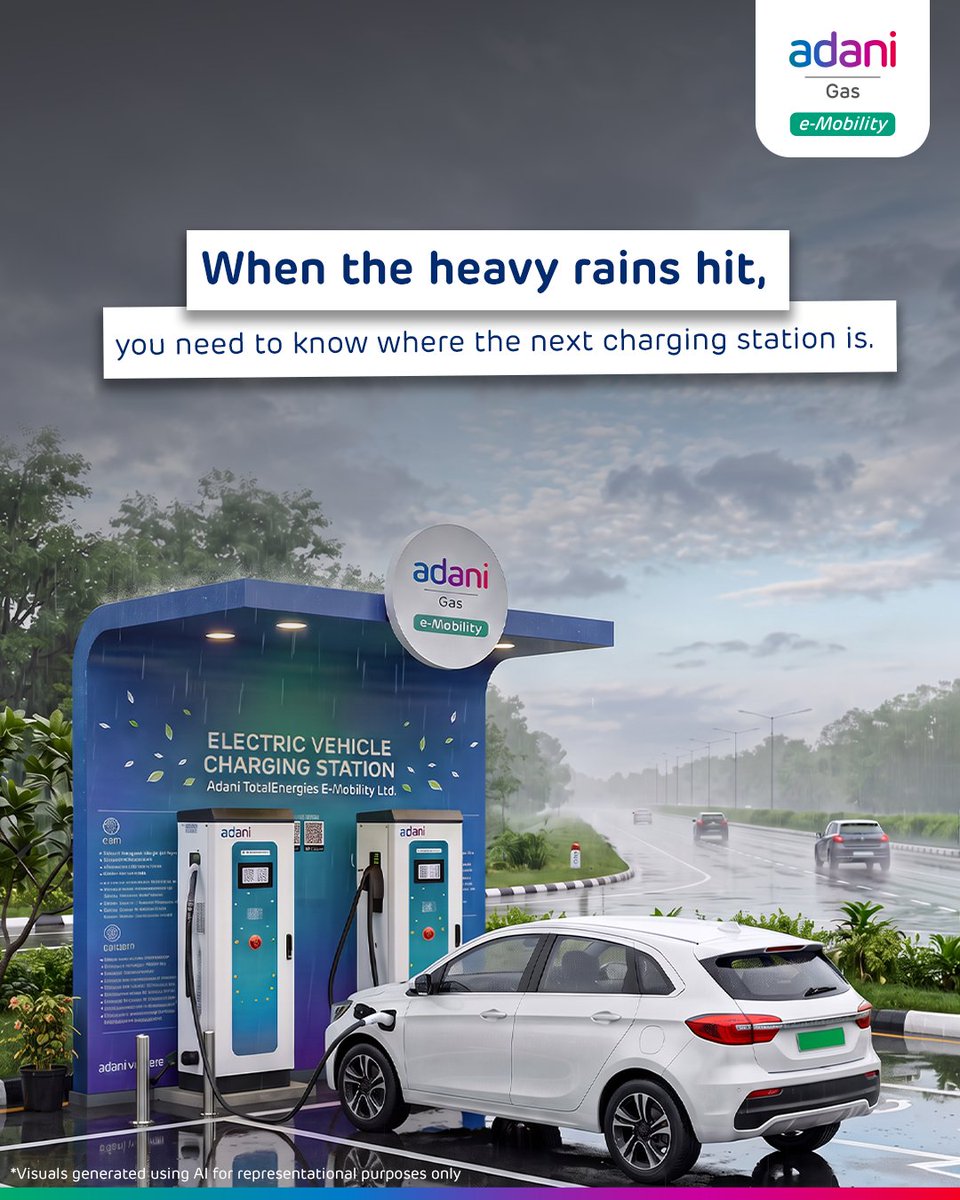 AdaniEMobility's tweet photo. Rain can change the road. It shouldn’t change your plans. ​
This monsoon, plan your EV road trips smarter with the Adani Gas EV Charging app. Find charging stations along your route, plan your stops ahead, and keep unexpected detours from turning into unexpected charging stops. https://t.co/x9kS6a0vIa