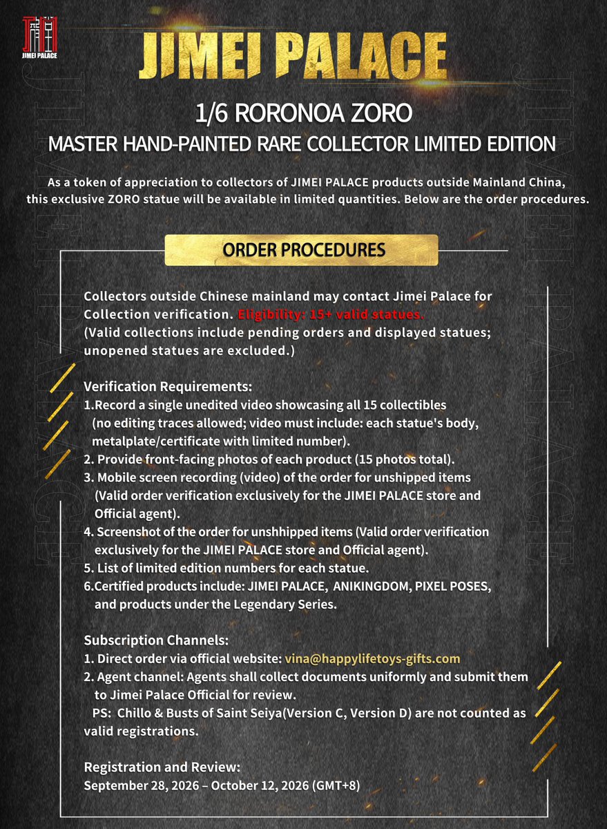 JIMEIPALACE's tweet photo. As a token of appreciation to collectors of JIMEI PALACE products outside Mainland China, this exclusive ZORO statue will be available in limited quantities. Below are the order procedures.

PRC:$965
DEP:$409

Pre-order:Sep 28-Oct 12
Ship:Staring Q2 2027

#zoro #jimeipalace https://t.co/PP4w4e4Ux5