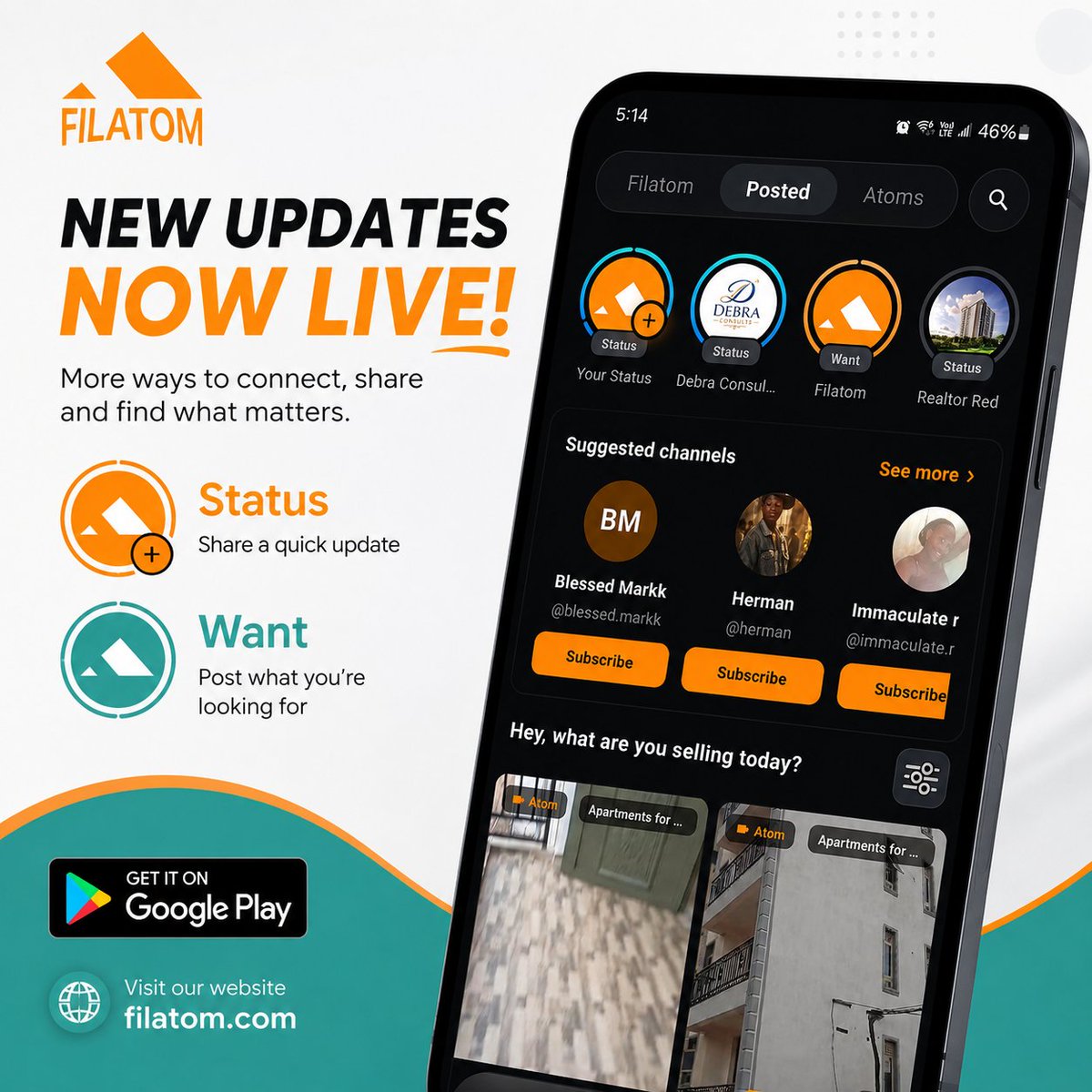 Filatom_App's tweet photo. New on Filatom: Status &amp; Wants are LIVE!
You can now share quick Status Updates and post Wants — tell Filatom exactly what property you’re looking for and let the right people find you. Update the app and try it now!🥰
https://t.co/gxyVkvyT5I https://t.co/bW5IuVjchv