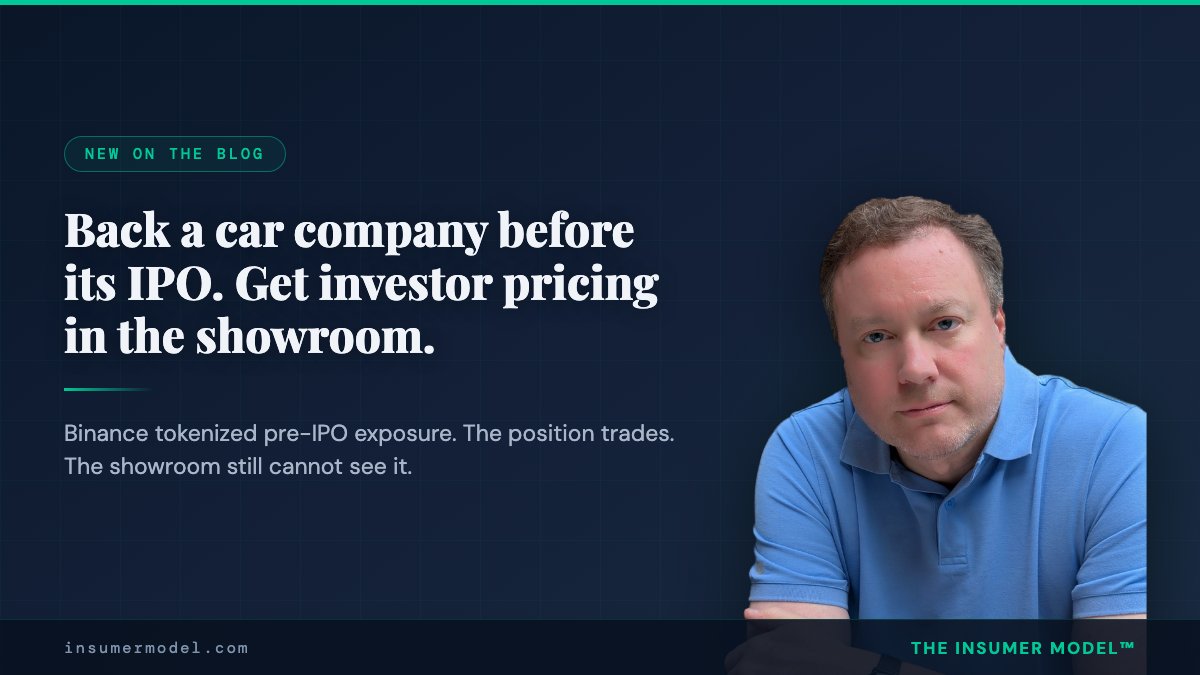 TheInsumerModel's tweet photo. Back a car company before its IPO, then walk into its showroom and get investor pricing on the car. Binance Wallet just tokenized pre-IPO exposure to private companies. The position trades. The showroom still can't see it. New in The Inevitable. https://t.co/1Gg0SPdRCP