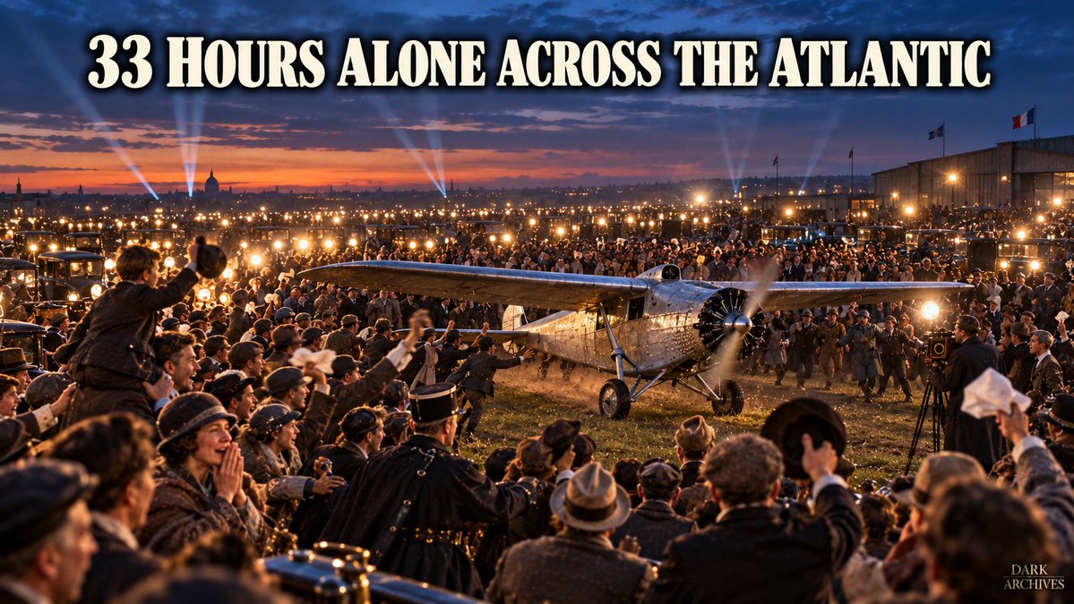 Dark_Archives0's tweet photo. On the evening of May 21, 1927, roughly 150,000 people were waiting at an airfield outside Paris, and a lot of them had driven out just to watch a plane arrive. So many cars showed up that their headlights lit up the field. Then a small silver plane landed out of the dark, and a 25-year-old American climbed out after 33 and a half hours alone in the cockpit. ✈️

Charles Lindbergh had just made the first solo, nonstop flight from New York to Paris, about 3,600 miles. He'd won a $25,000 prize that had sat unclaimed for eight years, while other pilots died trying.

The crowd rushed the plane, some people ripped off scraps of fabric as souvenirs, and Lindbergh ended up being carried over their heads until French military pilots got him to a car. He later said it was one of the scariest moments of the whole trip.

#LeBourget1927 #SpiritOfStLouis #FirstSoloFlight
