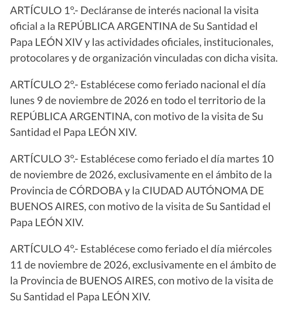 CisneNegro657's tweet photo. Es oficial. Hoy salió el decreto:

Lunes 9/11 feriado nacional
Martes 10/11 feriado en Córdoba y CABA
Miércoles 11/12 feriado en Prov Baires

Alguien puede explicar el alcance que tiene un feriado local ? Habrá bancos ? Trabajan las áreas centrales de los bancos el martes ? https://t.co/JIlLaxXAhz