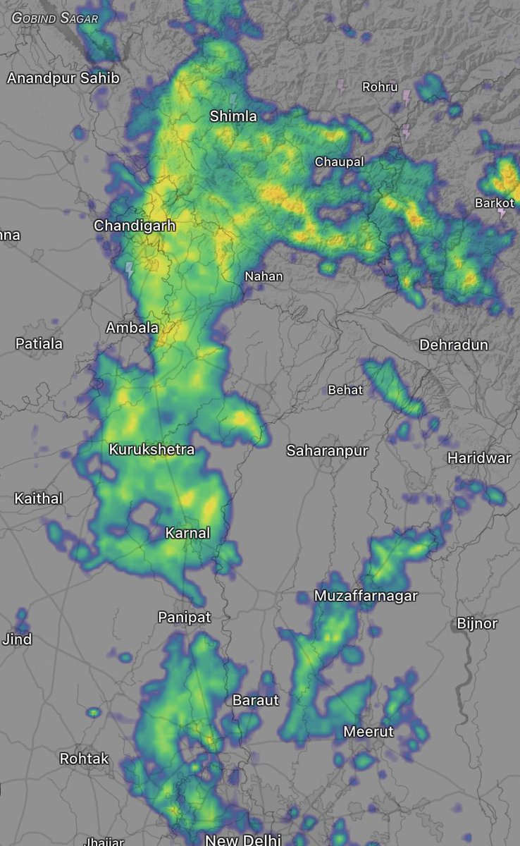 WXNorthwest's tweet photo. Moderate to heavy rains over parts of E &amp; NE #Haryana, #Chandigarh, SE #Punjab, and #Himachal. Delhi narrowly missed, only getting scattered light rains. https://t.co/MP3kg4FwG5
