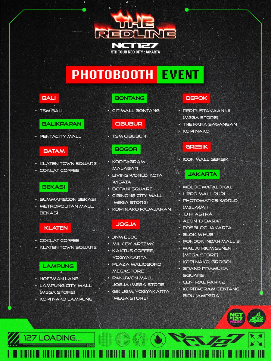 NCT127Project's tweet photo. ❤️‍🔥PHOTOBOOTH EVENT❤️‍🔥

Let’s celebrate NCT 127 5TH TOUR ‘NEO CITY: JAKARTA - THE REDLINE’ by capturing your best moment with our photostrip frame📸

📍 @photomaticsid 
📆 28 Sept - 28 Oct ‘26

Take your best photo &amp; don’t forget to tag us on X or IG!!🥰💚

#NCT127 #TheRedline_JKT https://t.co/oFG8kspYuS