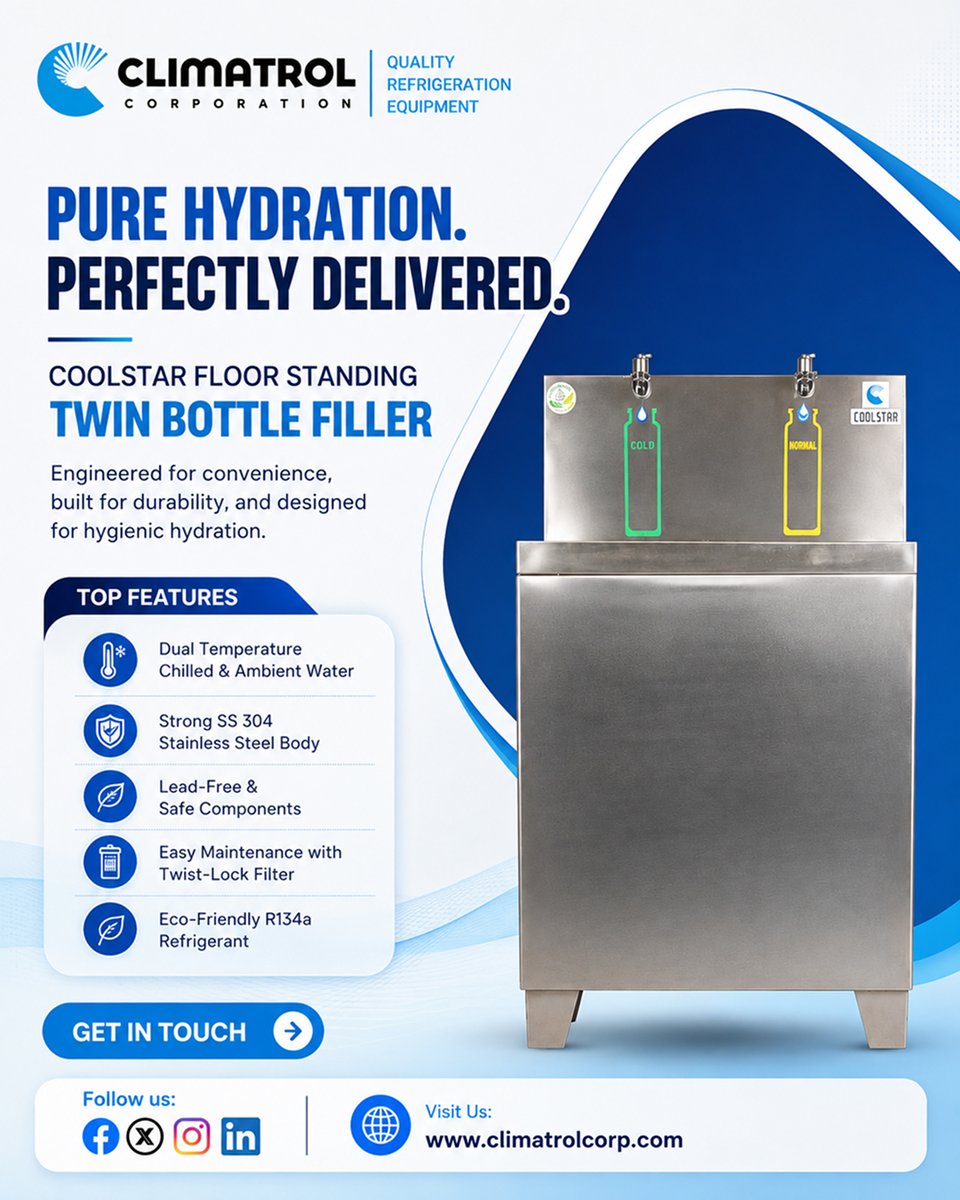 Climatrol_in's tweet photo. Meet the Coolstar Floor Standing Twin Bottle Filler — engineered for convenient, hygienic, and reliable hydration.

📞 Get in touch with Climatrol Corporation
🌐 https://t.co/Q1IfMd8tOV

#ClimatrolCorporation #Coolstar #WaterCooler #BottleFiller #WaterDispenser #HydrationSolution https://t.co/DNpht7ITNg